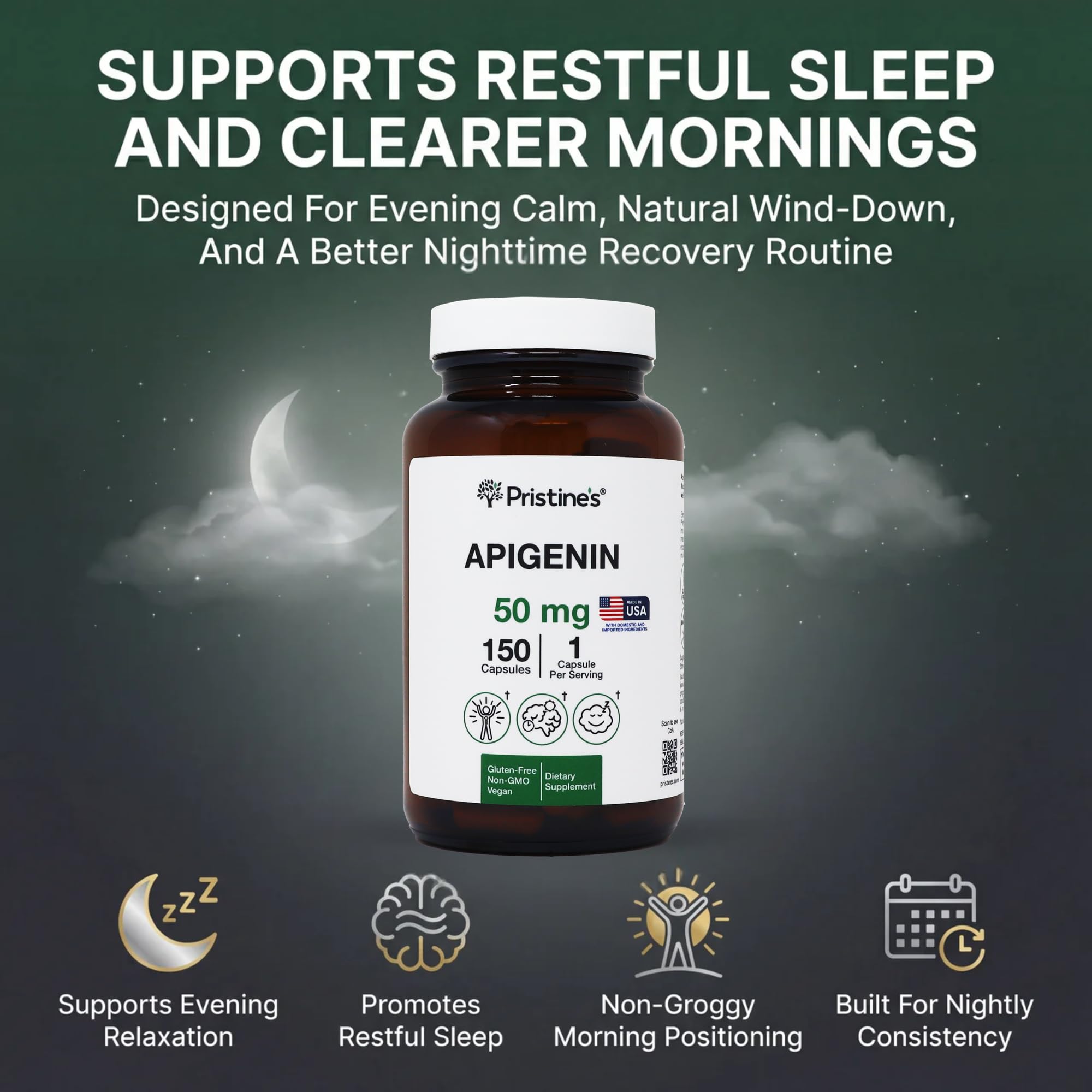 PRISTINE'S Apigenin bottle with supplement facts label
