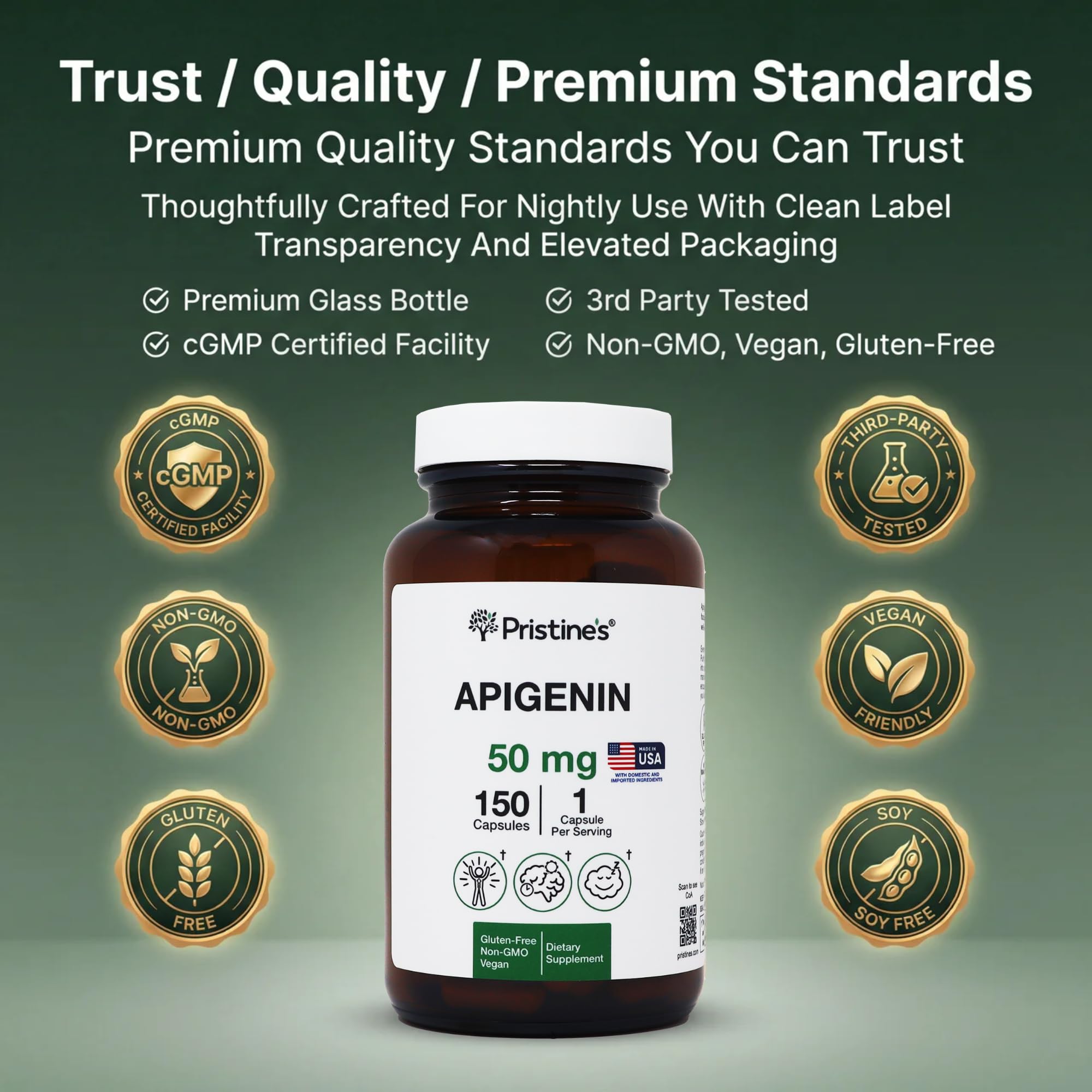 PRISTINE'S Apigenin capsules close-up showing size