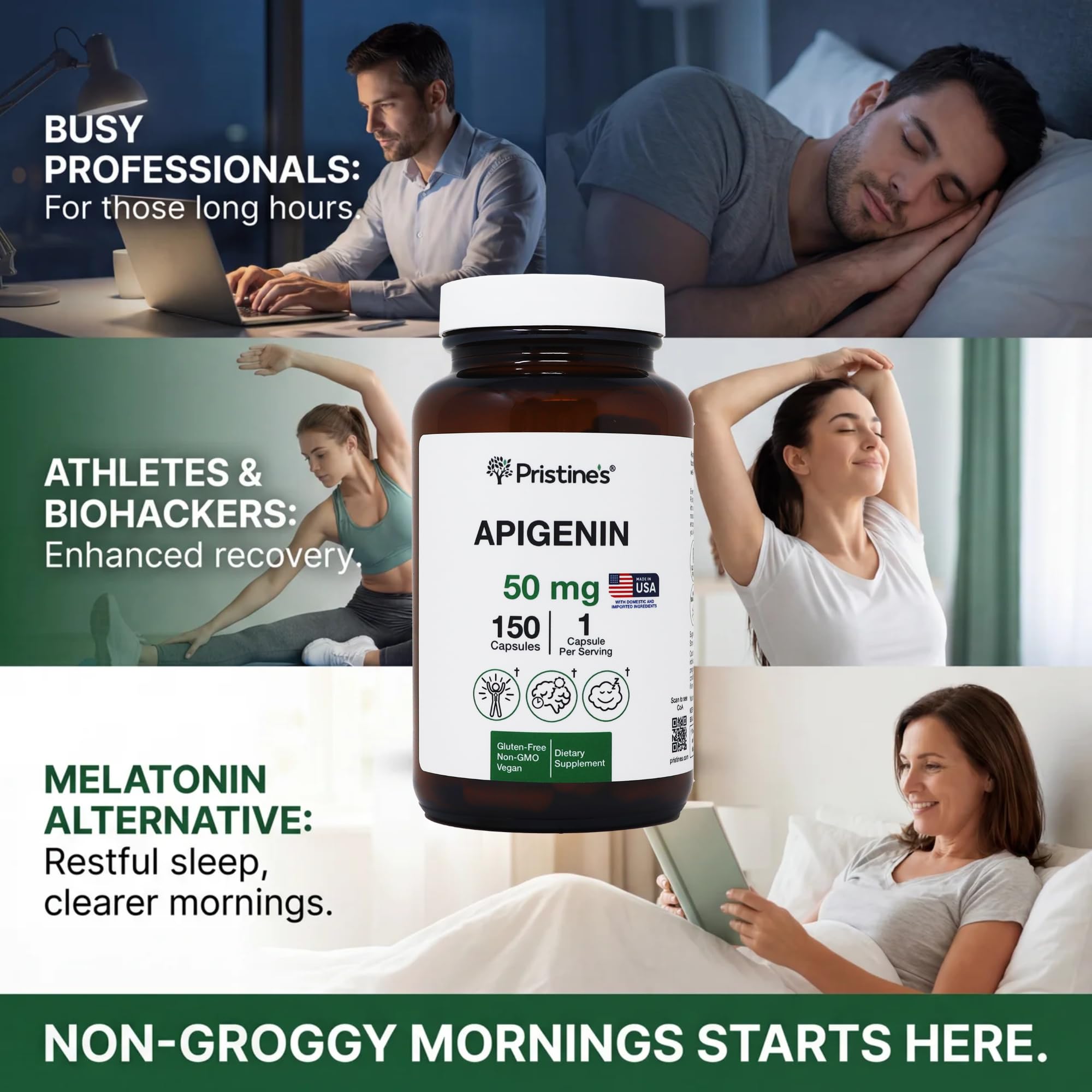 PRISTINE'S Apigenin capsules on a table