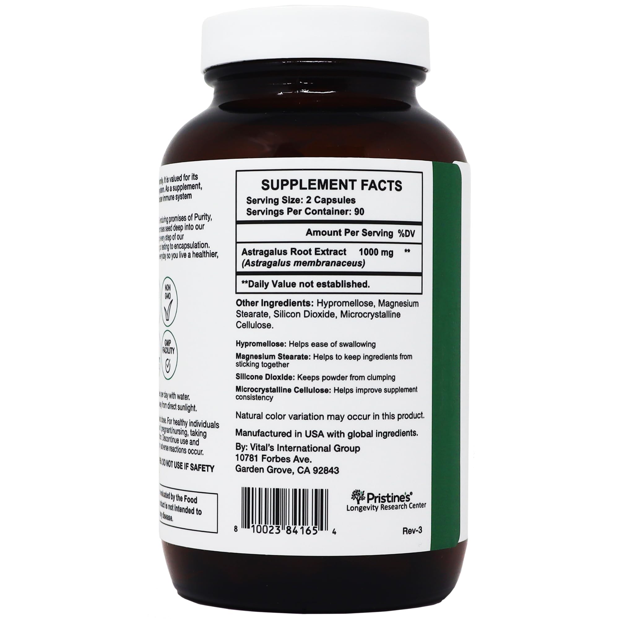 PRISTINE'S Astragalus Root Extract 1000mg capsules with herbal background