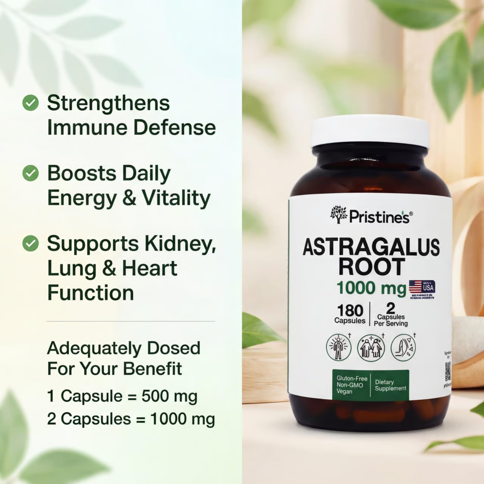 PRISTINE'S Astragalus Root Extract 1000mg packaging details