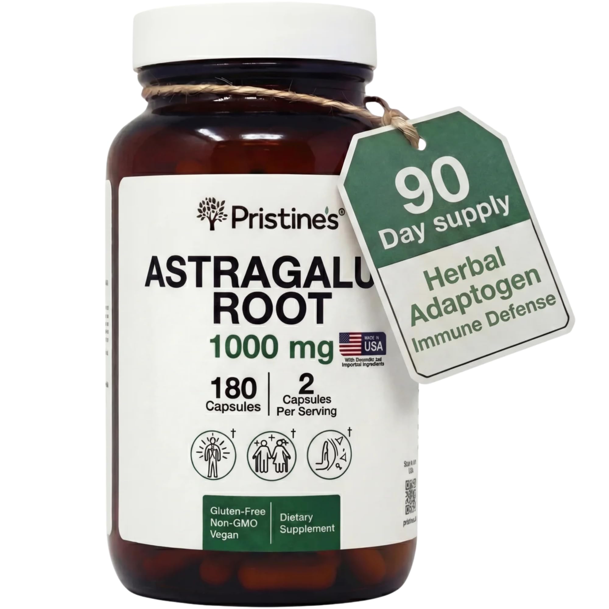 PRISTINE'S Astragalus Root Extract 1000mg vegan capsules front view