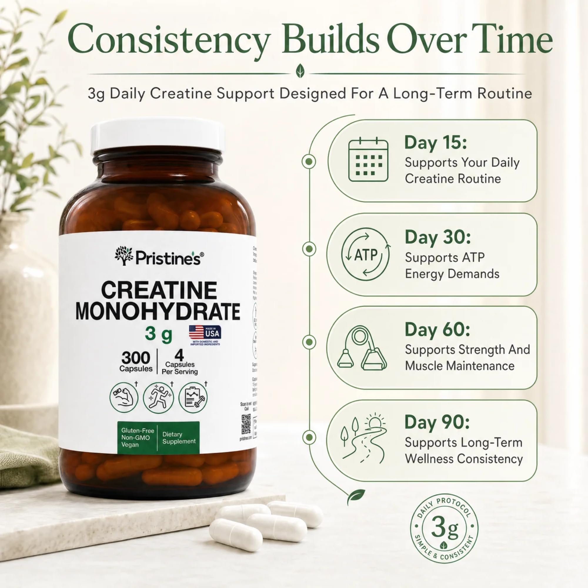 PRISTINE'S Creatine Monohydrate supplement in a gym setting