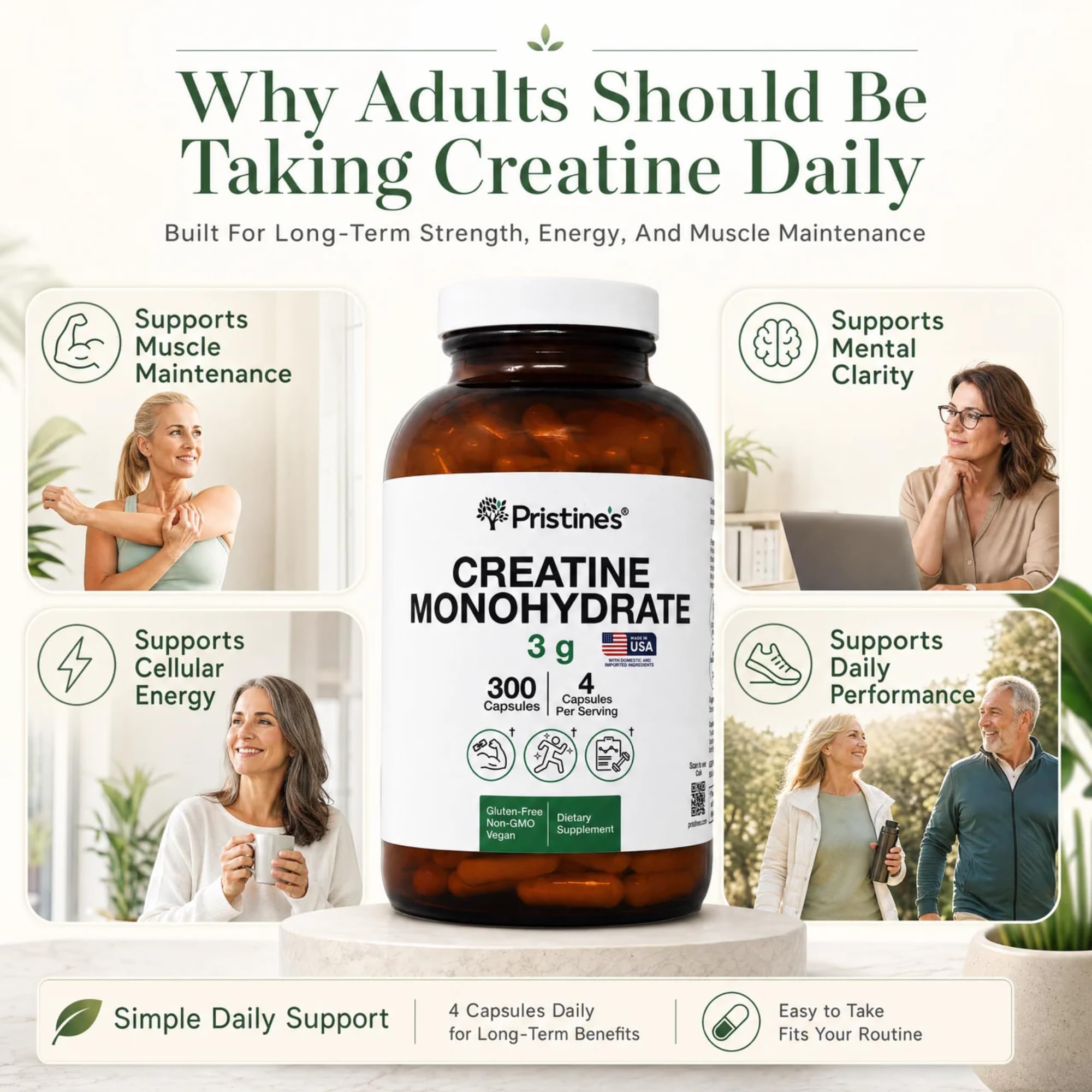 PRISTINE'S Creatine Monohydrate supplement with measuring scoop