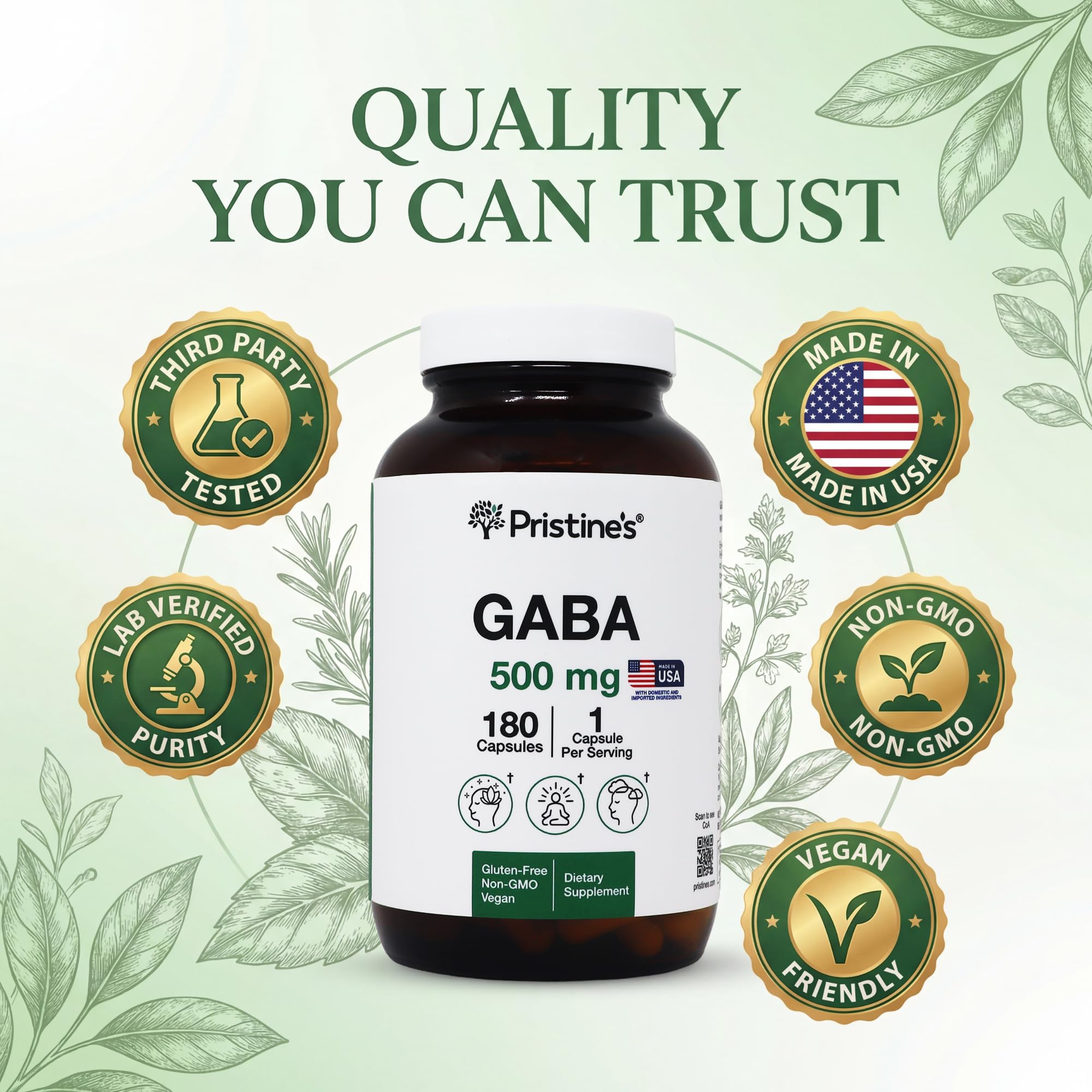 PRISTINE'S GABA Capsules label with 500mg dosage