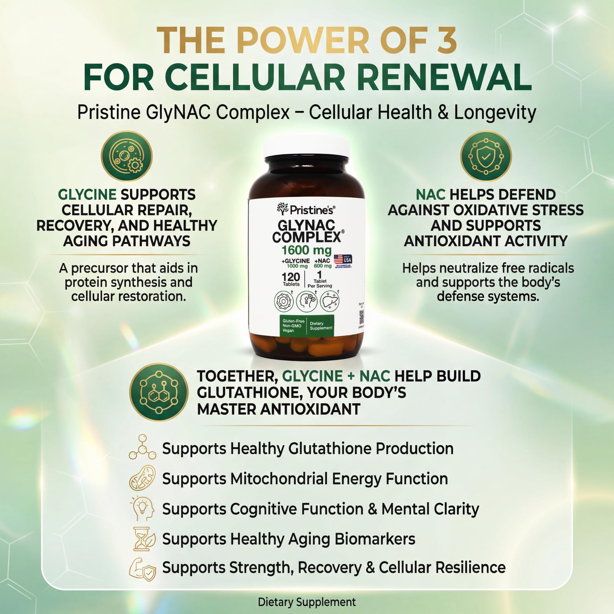 PRISTINE'S Glutathione Support Tablets back view with ingredients