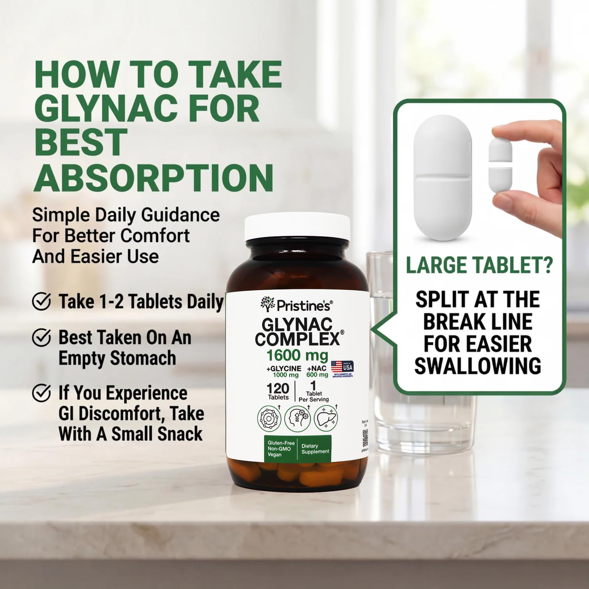 PRISTINE'S Glutathione Support Tablets in hand for size reference