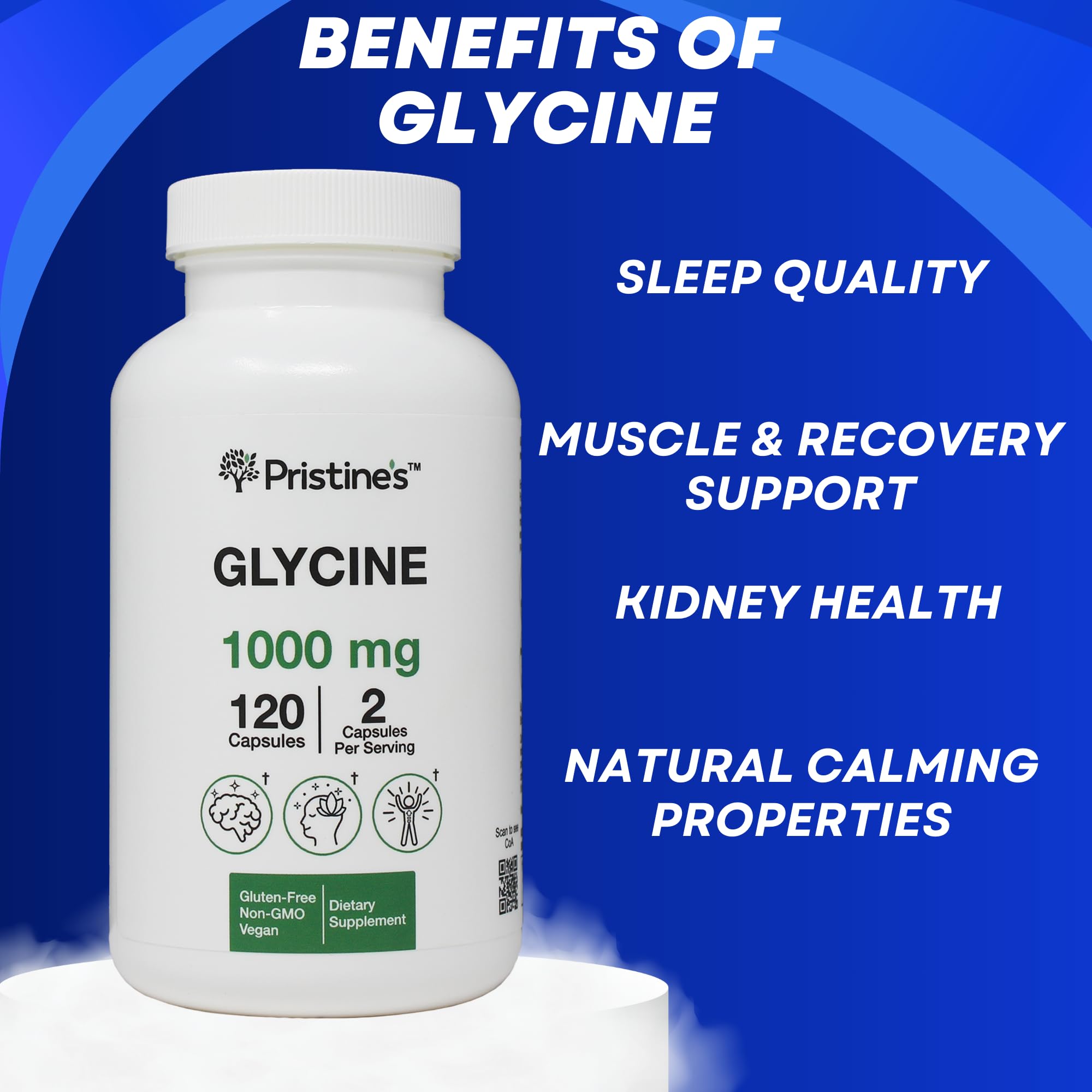 PRISTINE'S Glycine 1000mg Capsules bottle with label
