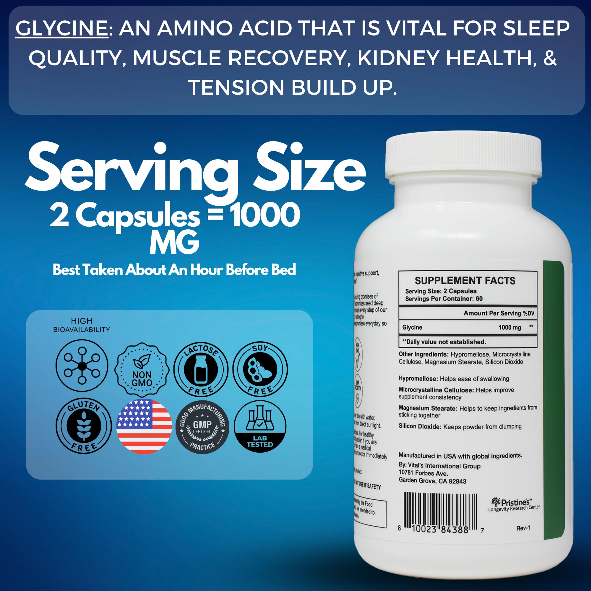 PRISTINE'S Glycine 1000mg Capsules on a wooden table