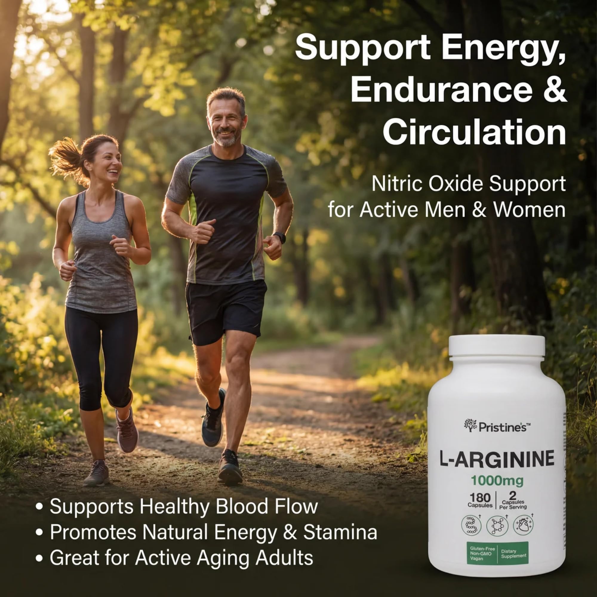 PRISTINE'S L-Arginine 1000mg capsules on a gym bench