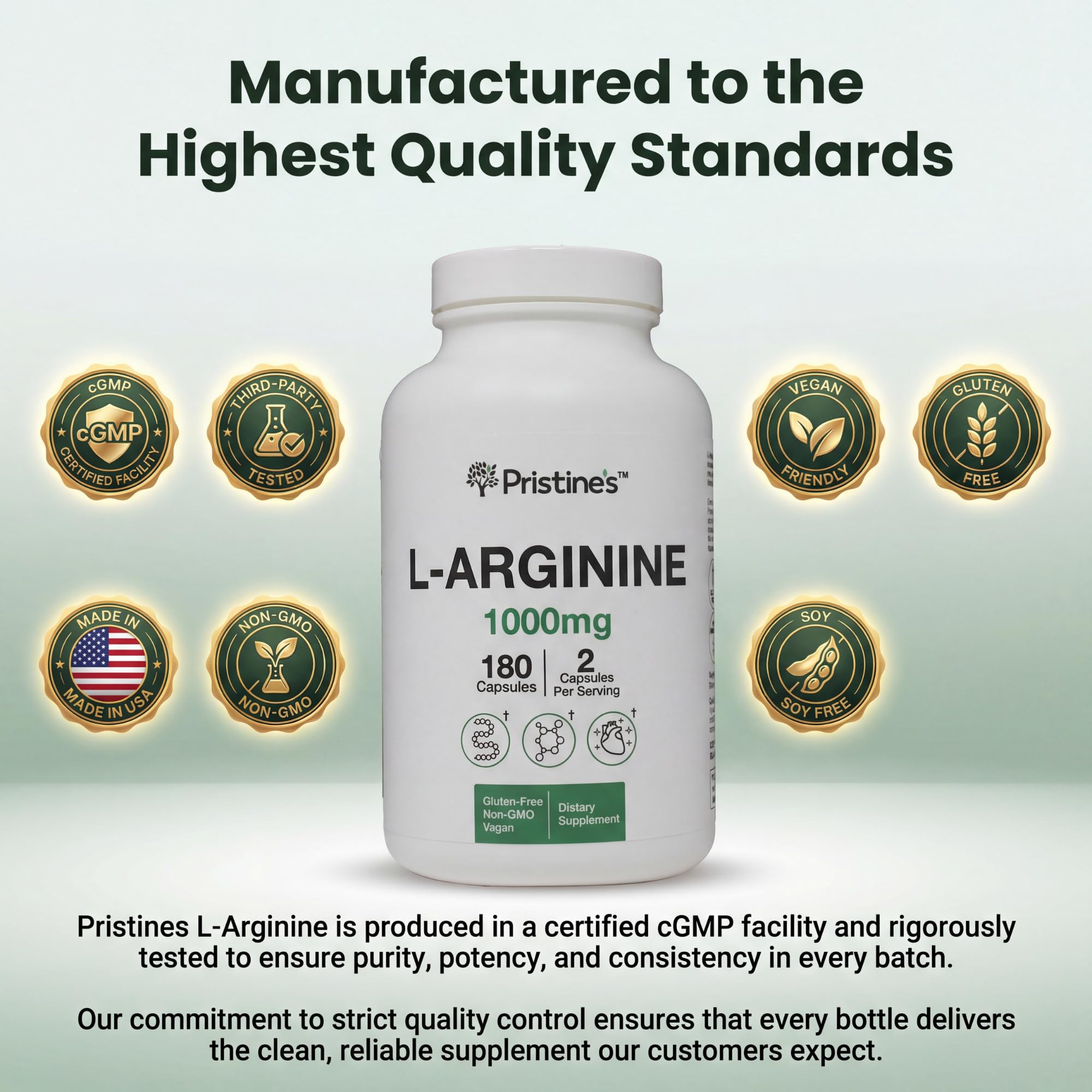 PRISTINE'S L-Arginine 1000mg capsules side view