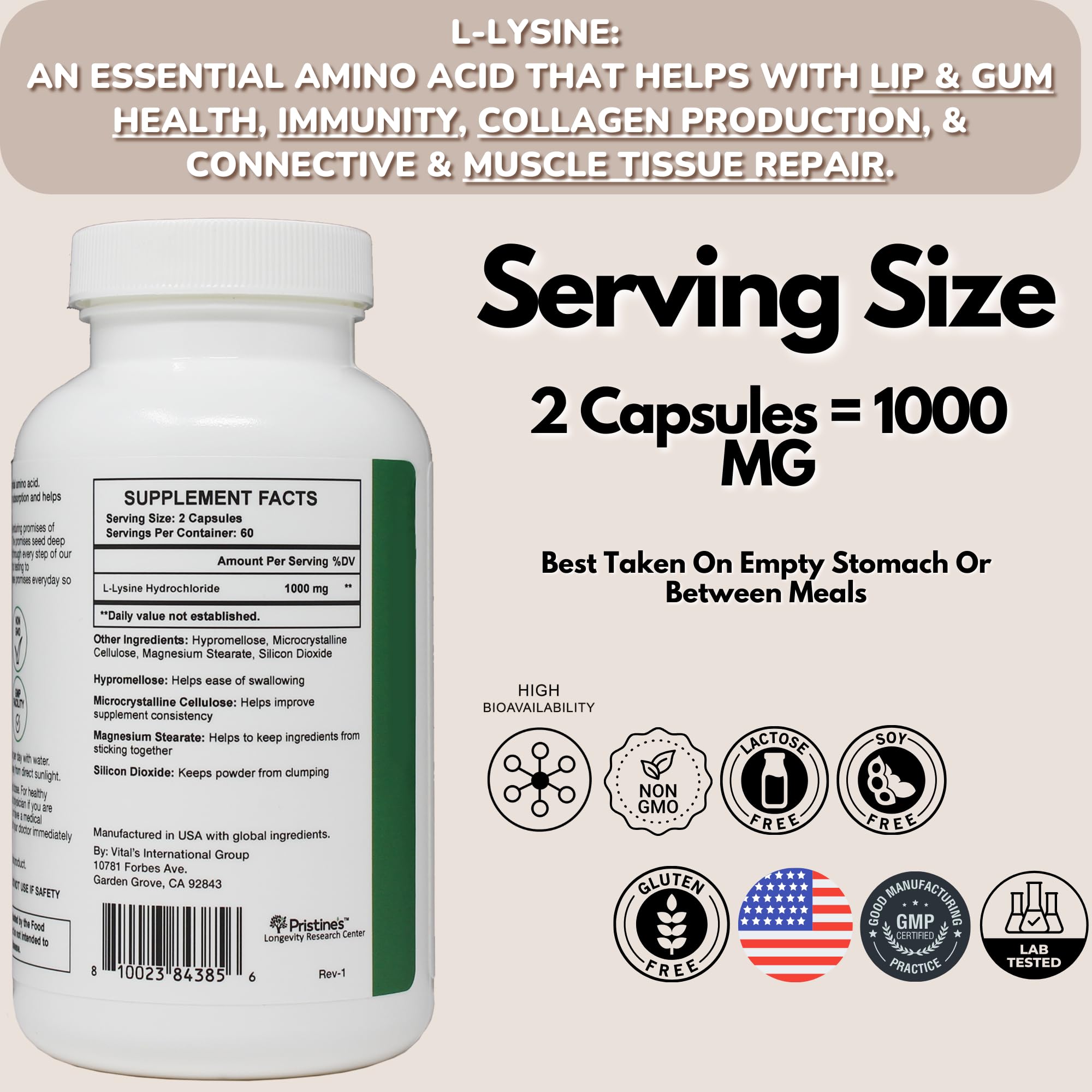 PRISTINE'S L-Lysine Supplement nutritional information