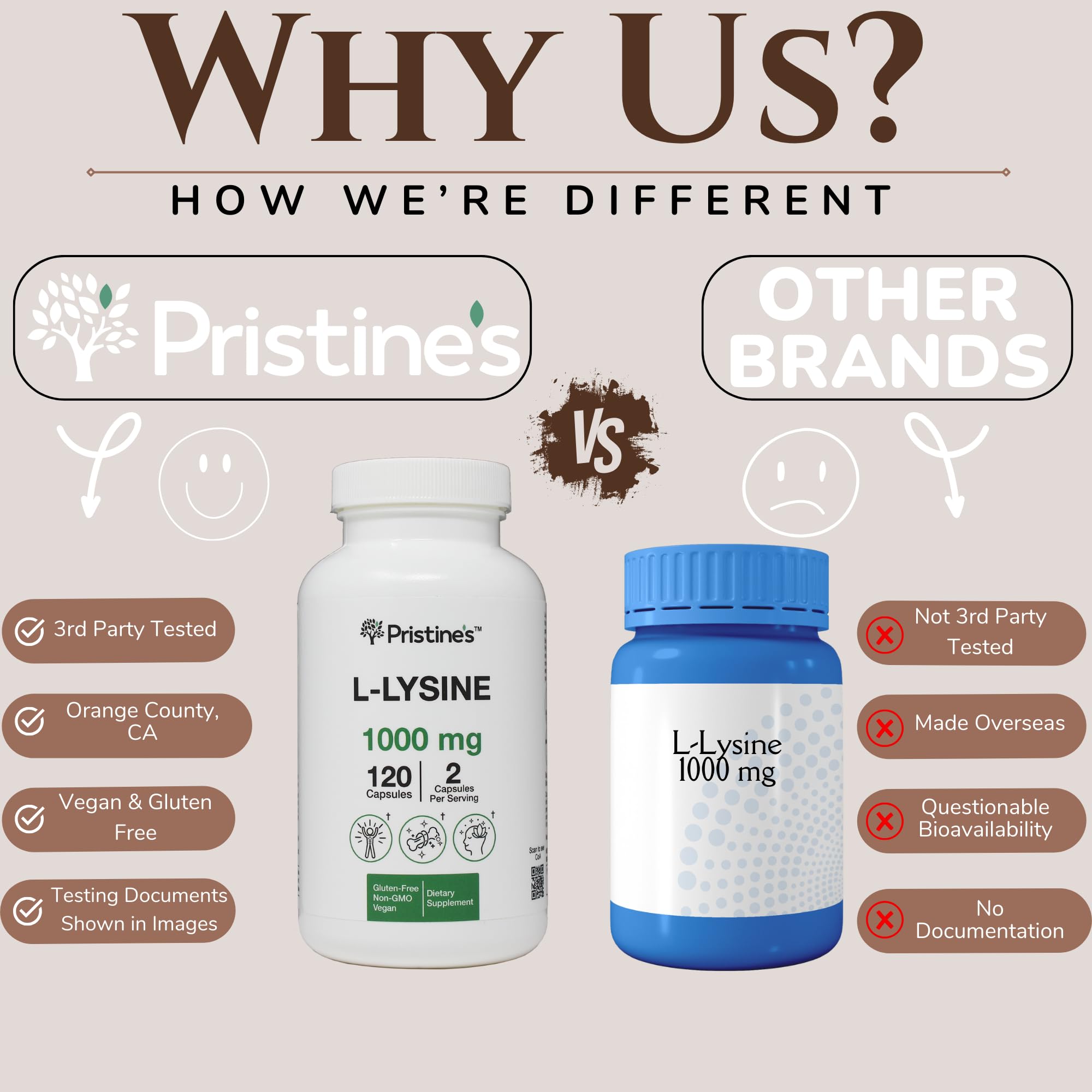 PRISTINE'S L-Lysine Supplement on a wooden table