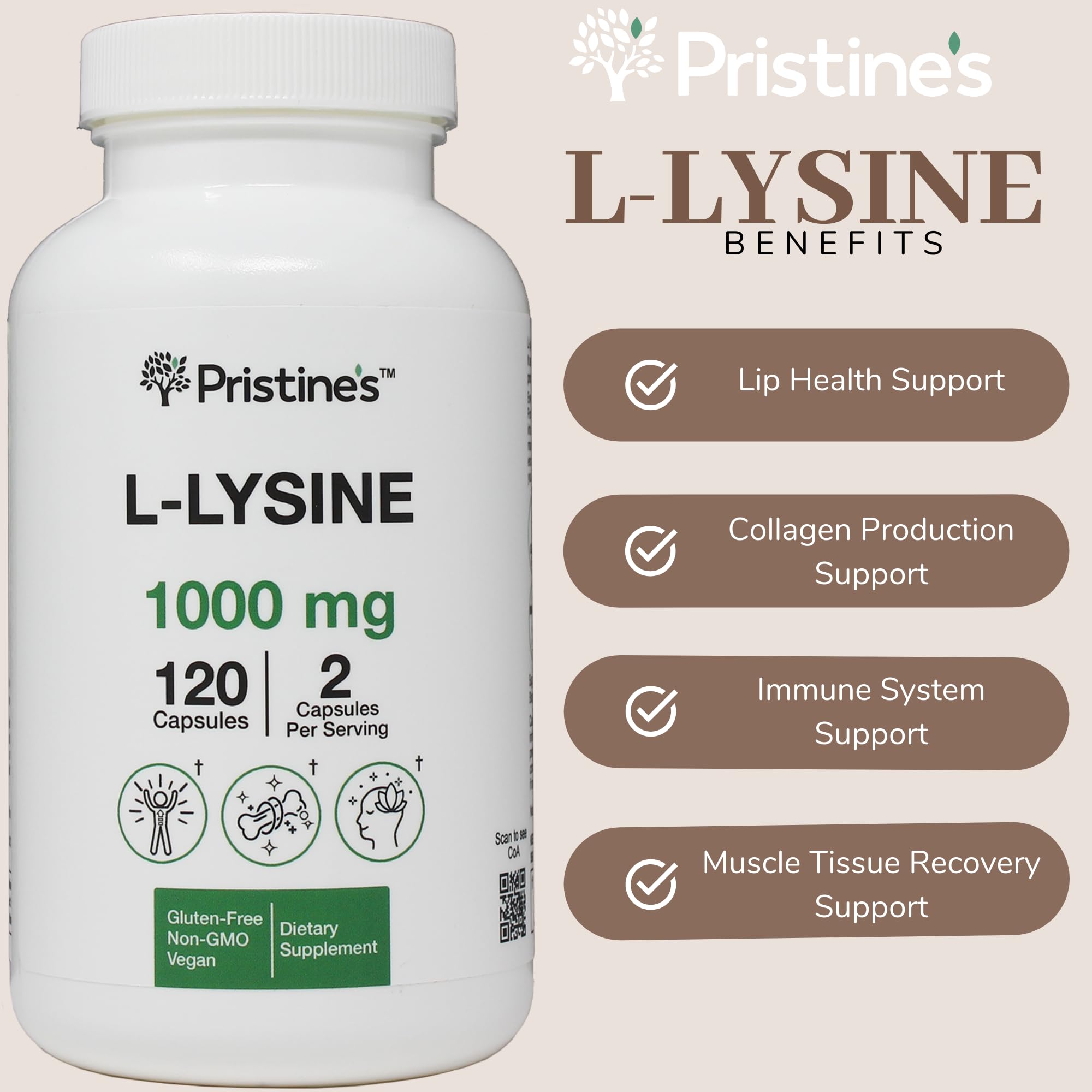 PRISTINE'S L-Lysine Supplement packaging side view