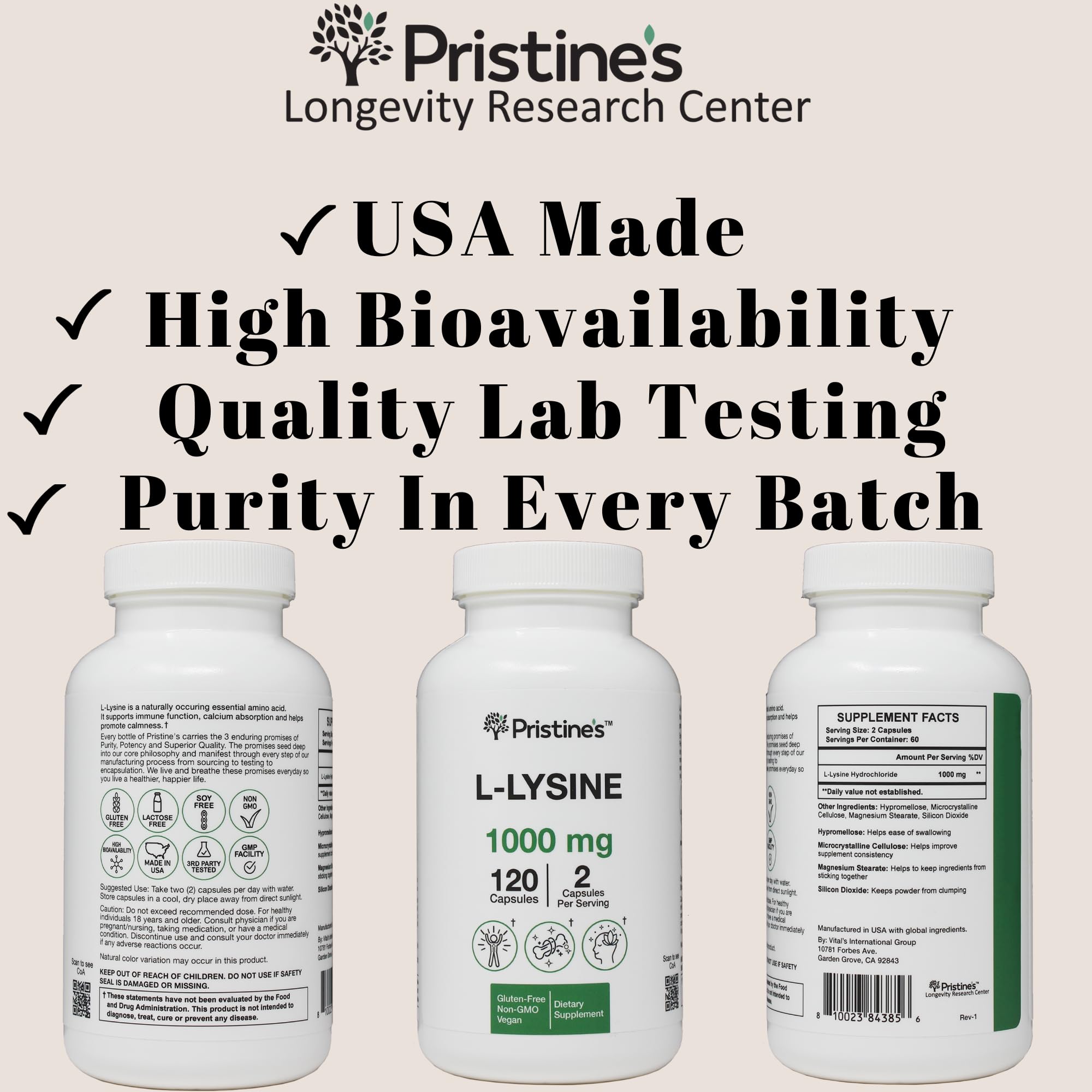 PRISTINE'S L-Lysine Supplement with a measuring spoon