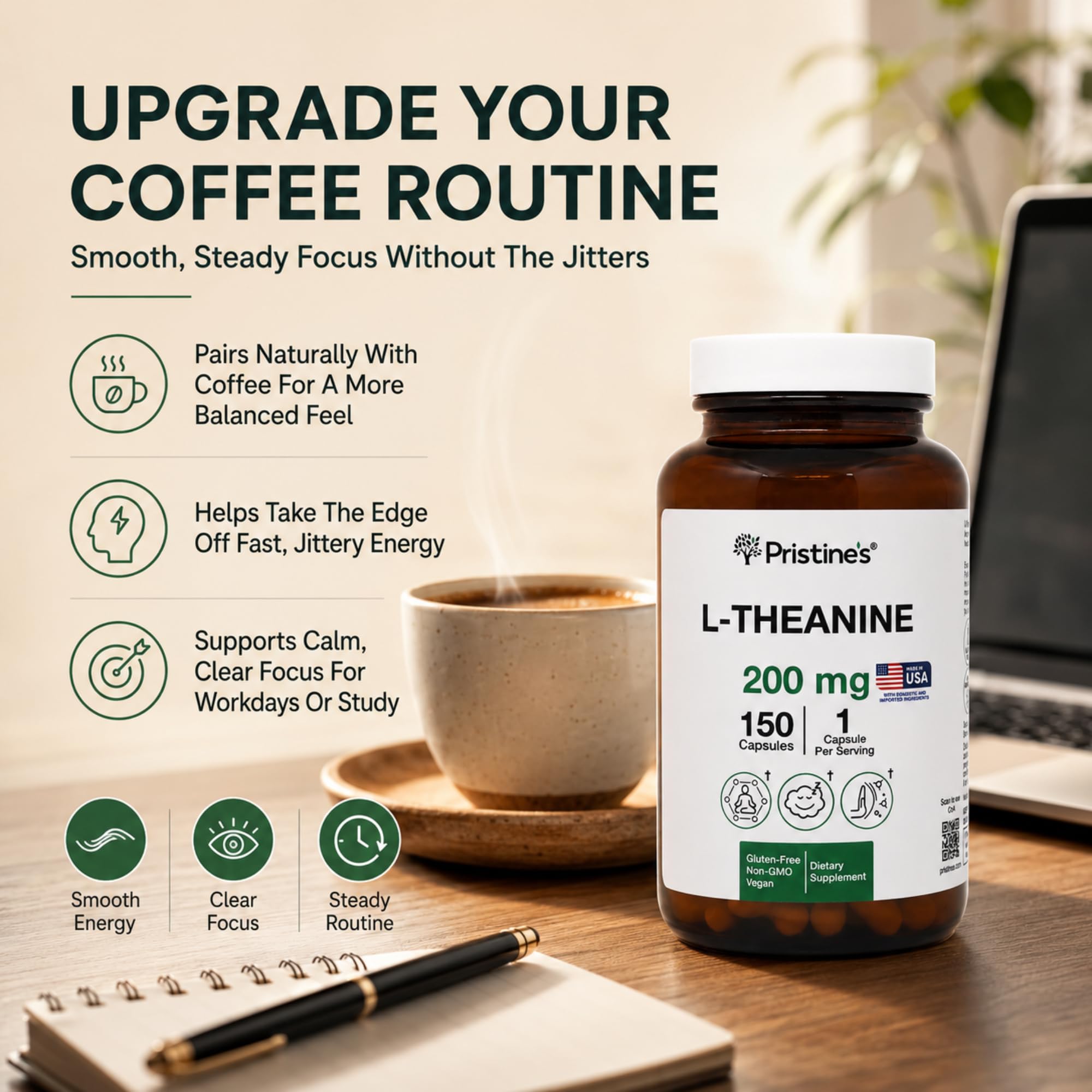 PRISTINE'S L Theanine 200 mg capsule with measuring spoon