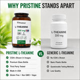 PRISTINE'S L Theanine 200 mg capsules on a wooden table