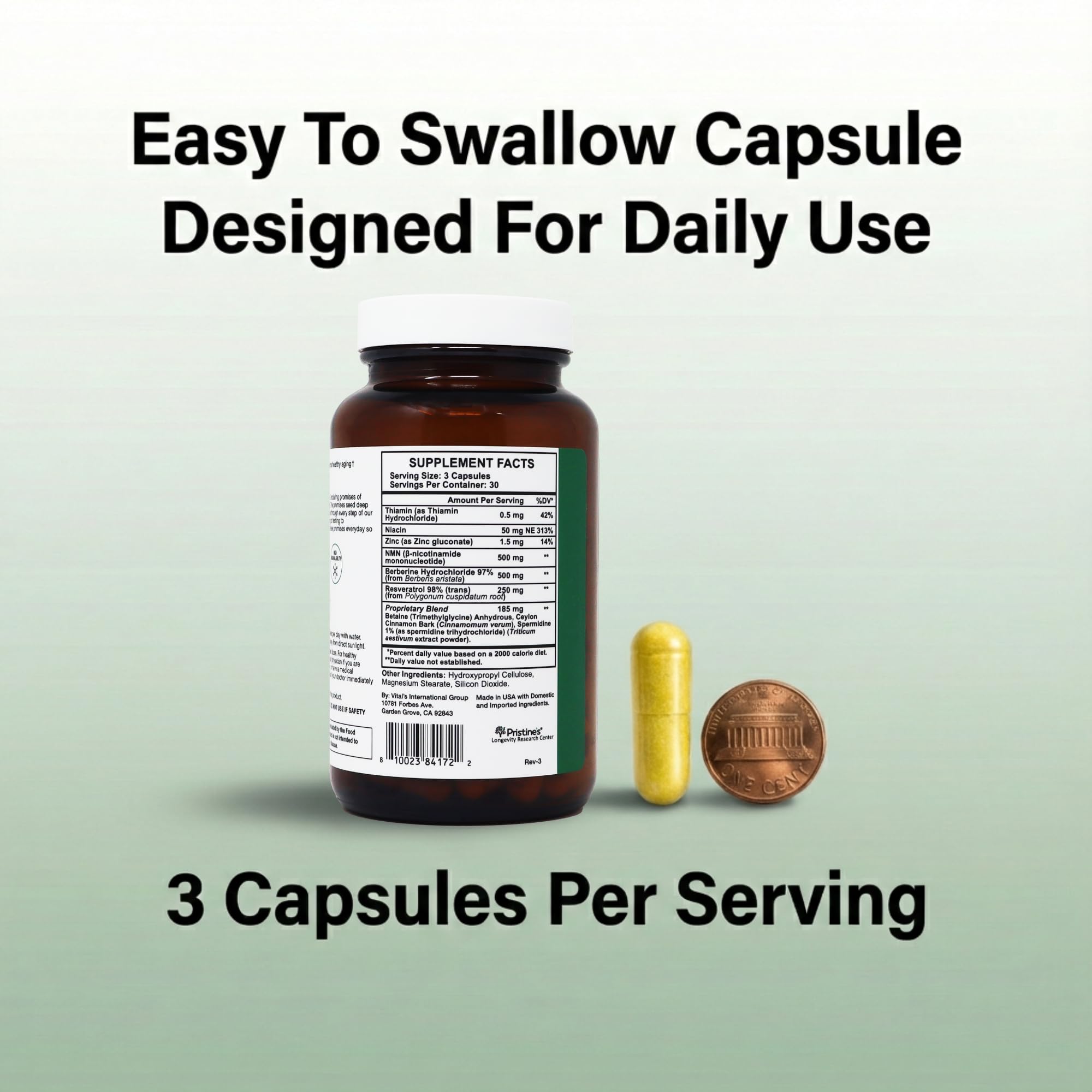 PRISTINE'S Longevity Complete supplement displayed with other health products