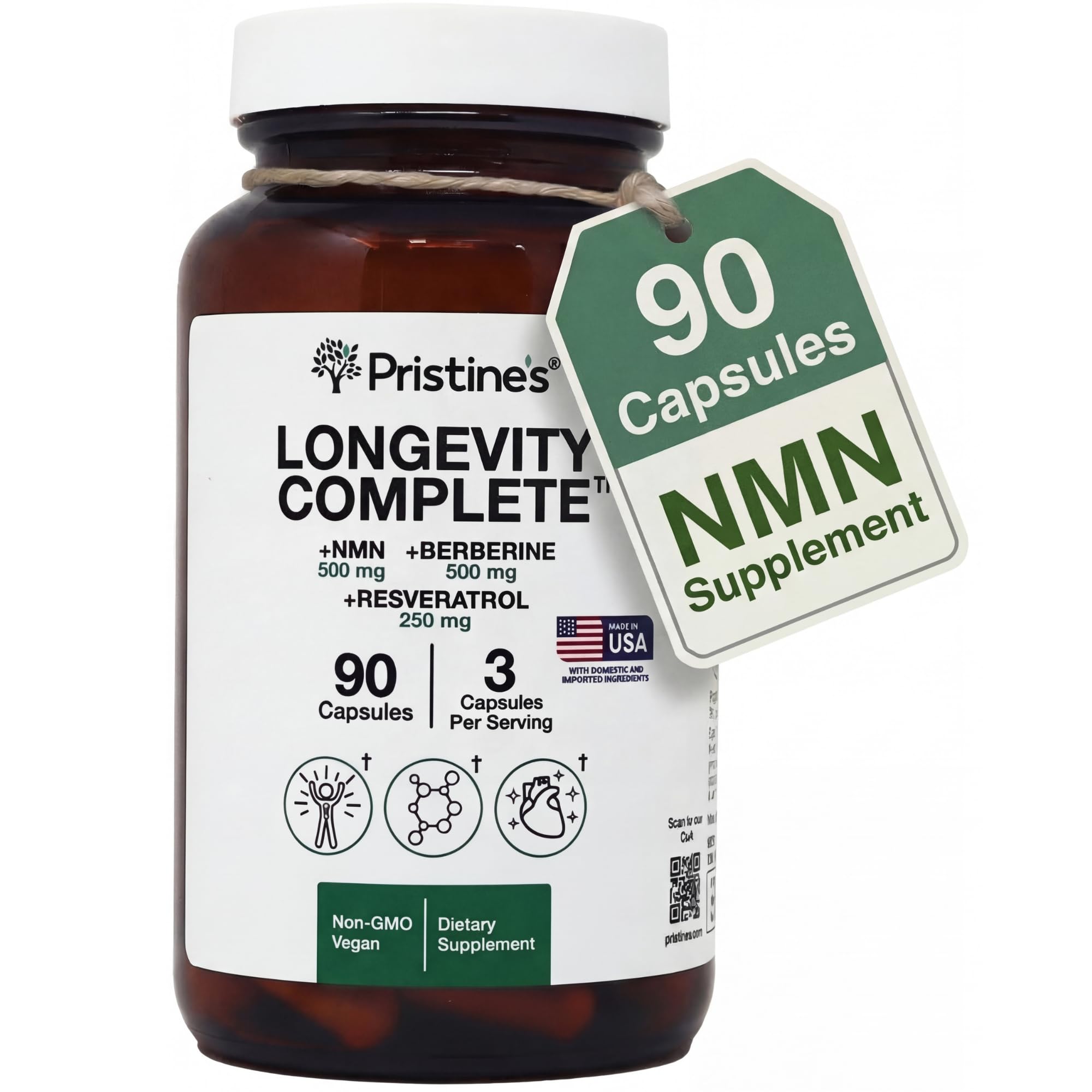PRISTINE'S Longevity Complete supplement front view with packaging