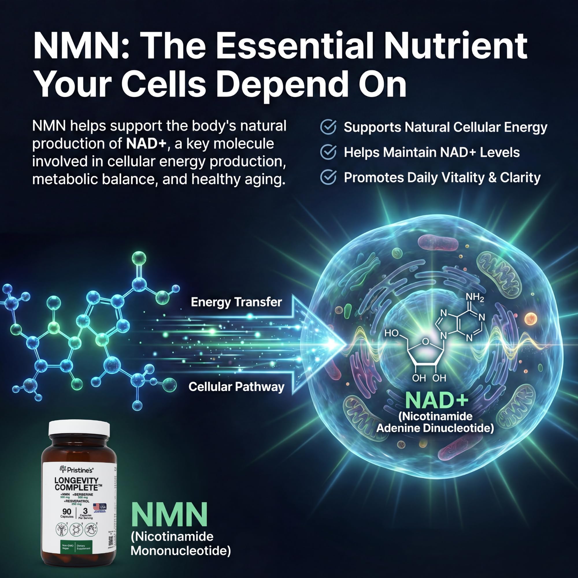 PRISTINE'S Longevity Complete supplement in a lifestyle setting