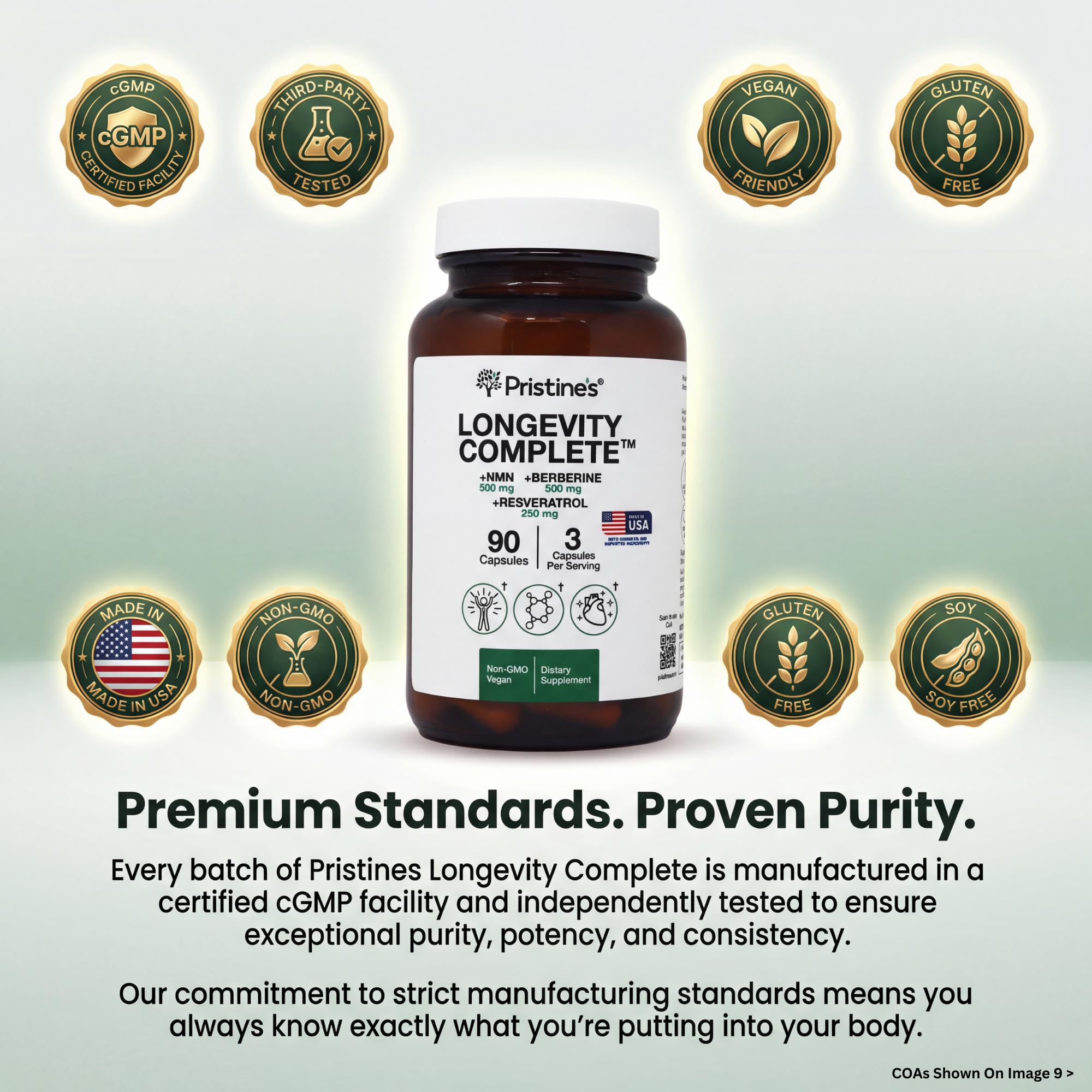 PRISTINE'S Longevity Complete supplement side view showing capsule