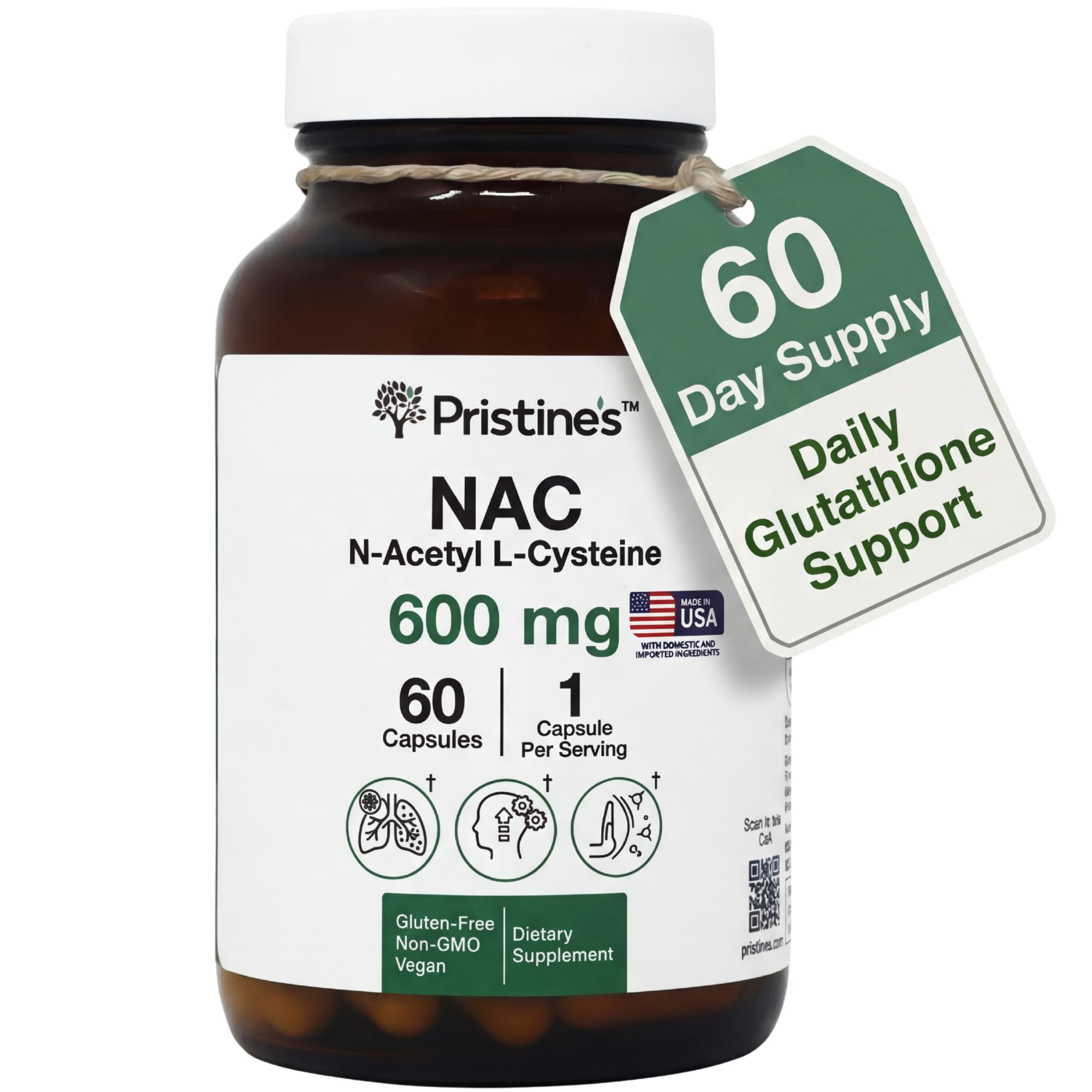 PRISTINE'S NAC 600mg N-Acetyl L-Cysteine 60 capsules front view