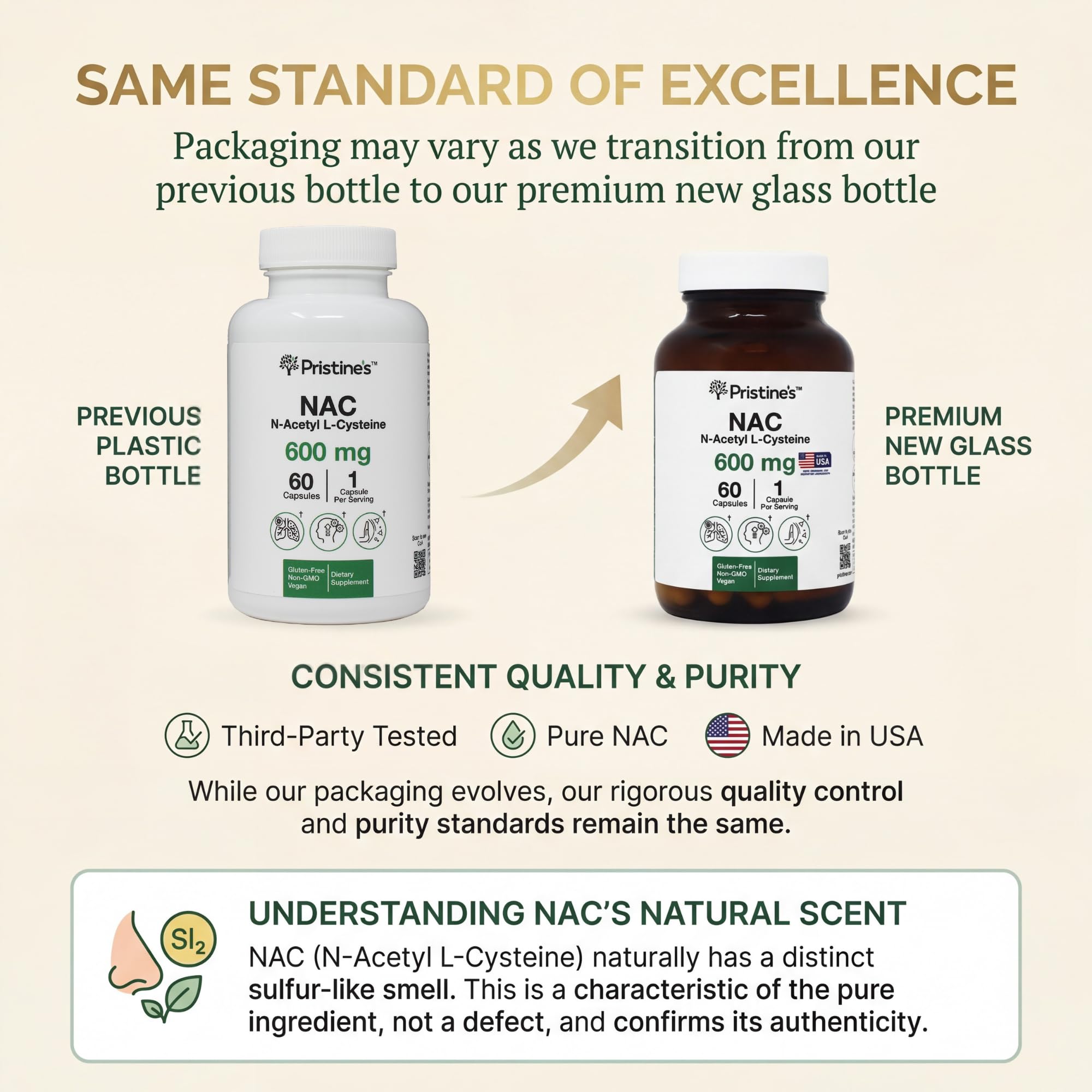 PRISTINE'S NAC 600mg N-Acetyl L-Cysteine bottle with label