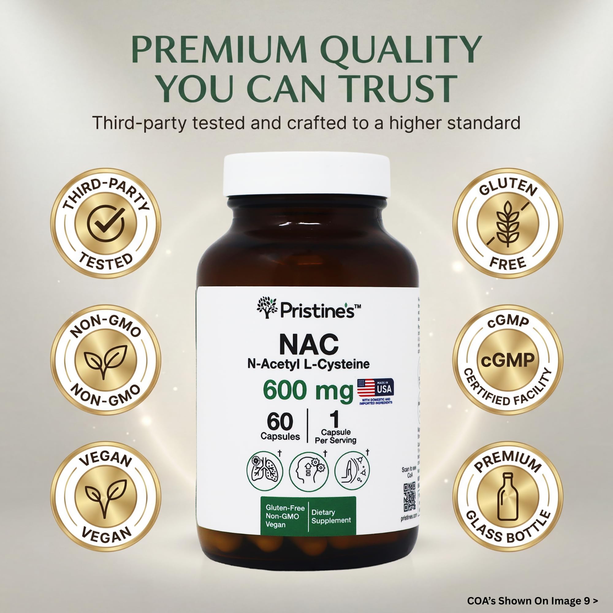 PRISTINE'S NAC 600mg N-Acetyl L-Cysteine capsules close-up
