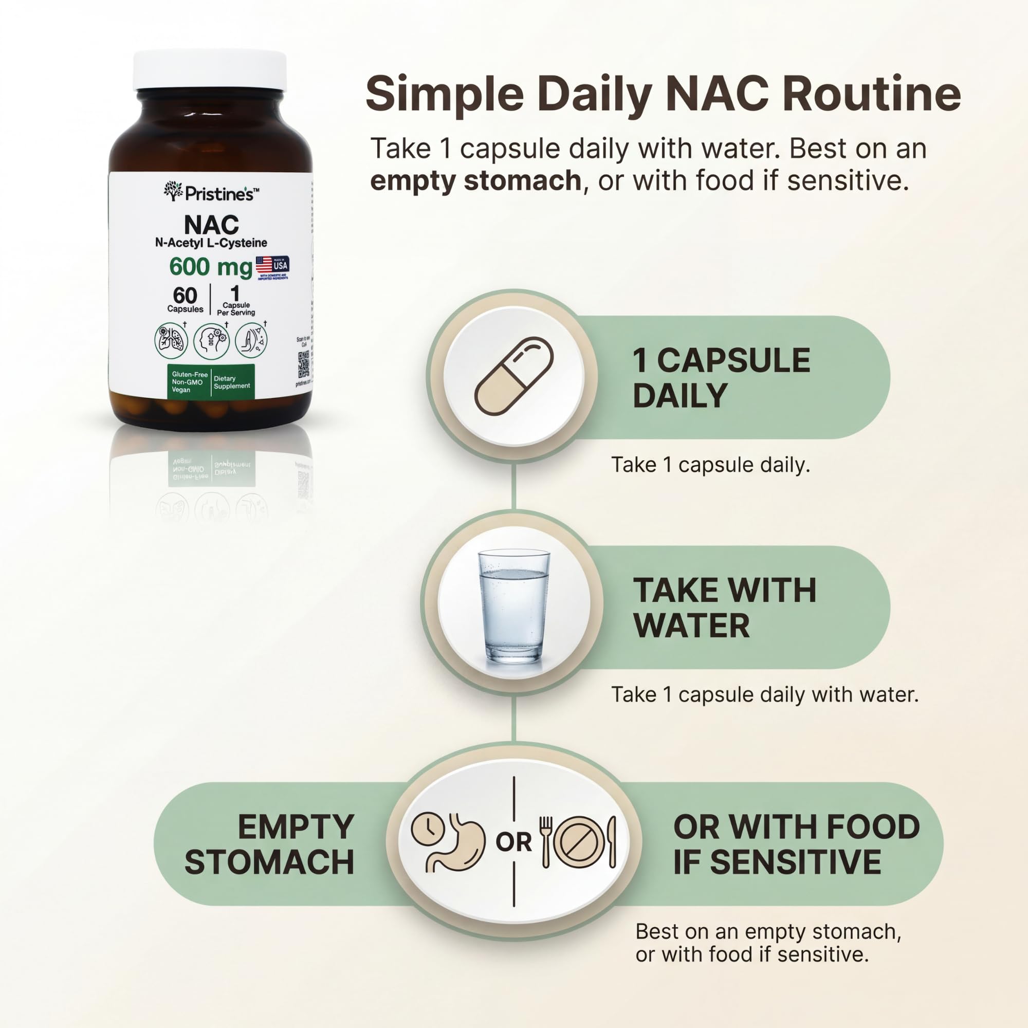 PRISTINE'S NAC 600mg N-Acetyl L-Cysteine capsules in hand