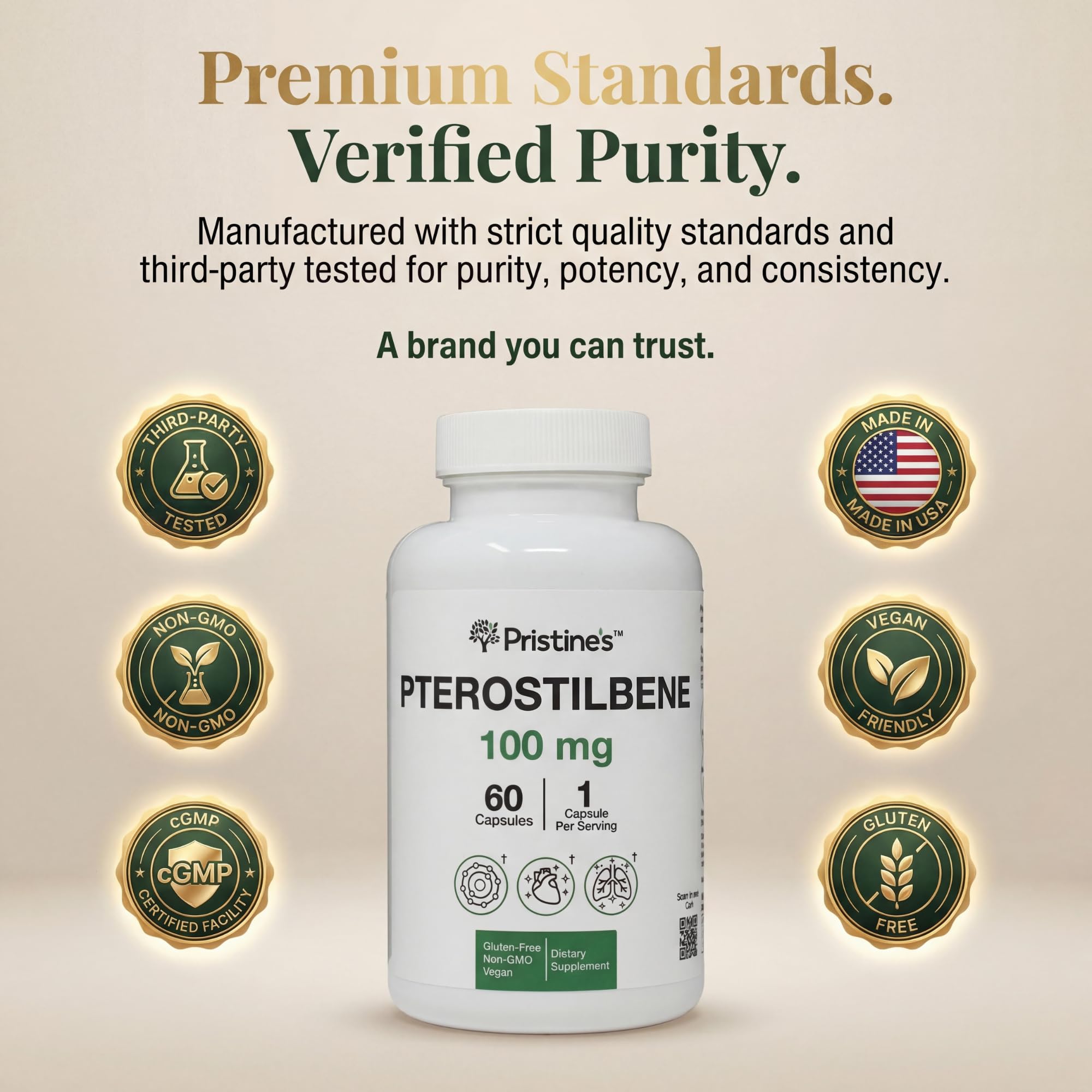 PRISTINE'S Pterostilbene bottle with label