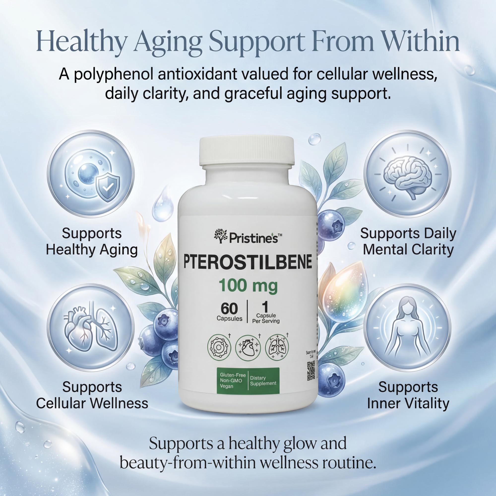 PRISTINE'S Pterostilbene capsules on a wooden table