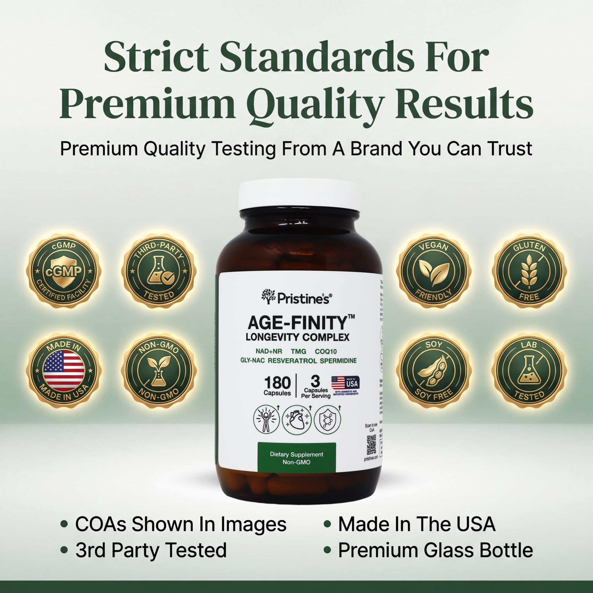 PRISTINE'S Resveratrol 7-IN-1 Longevity Formula side view showing capsule details