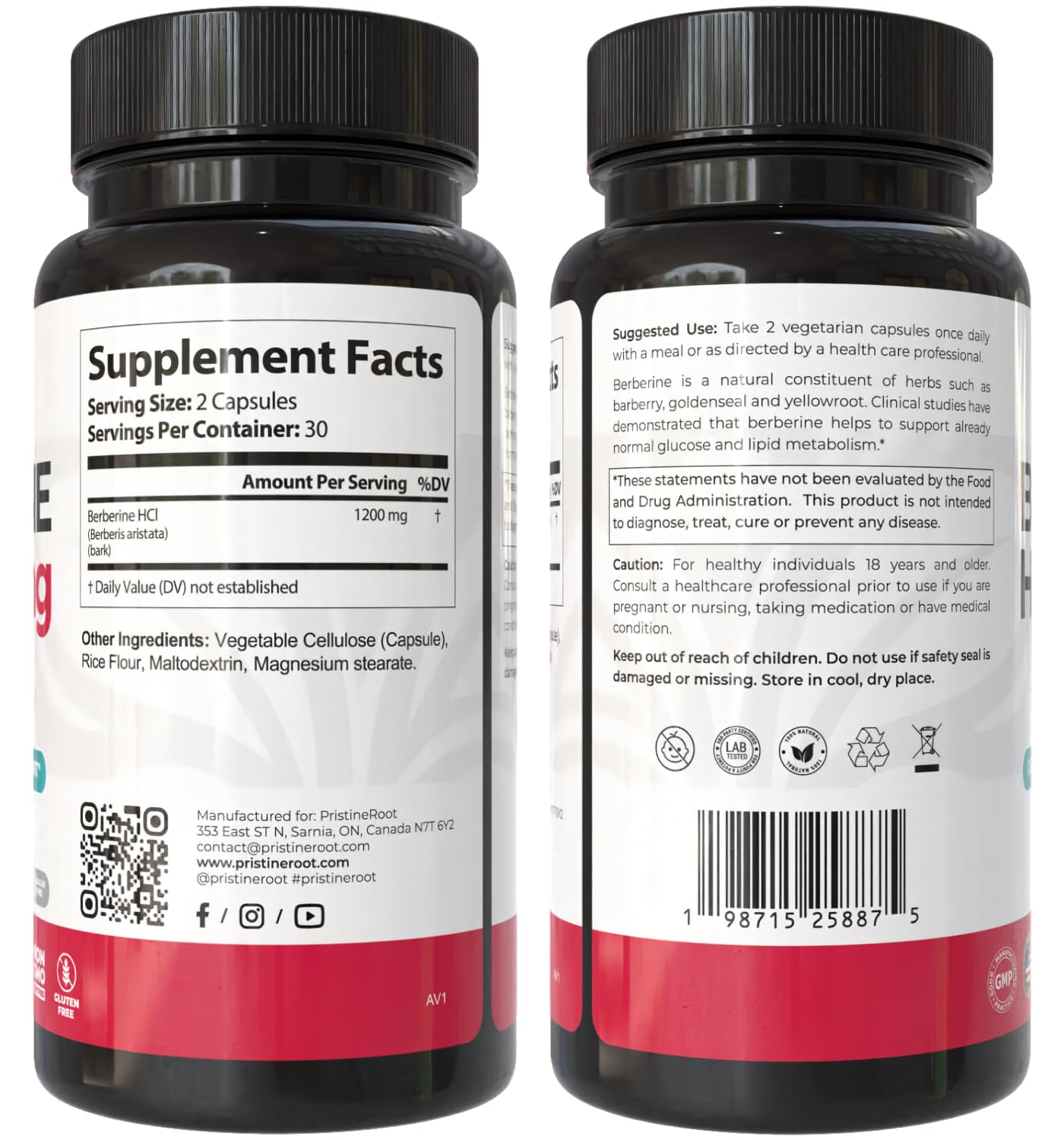 PristineRoot Berberine Supplement 1200mg capsule close-up