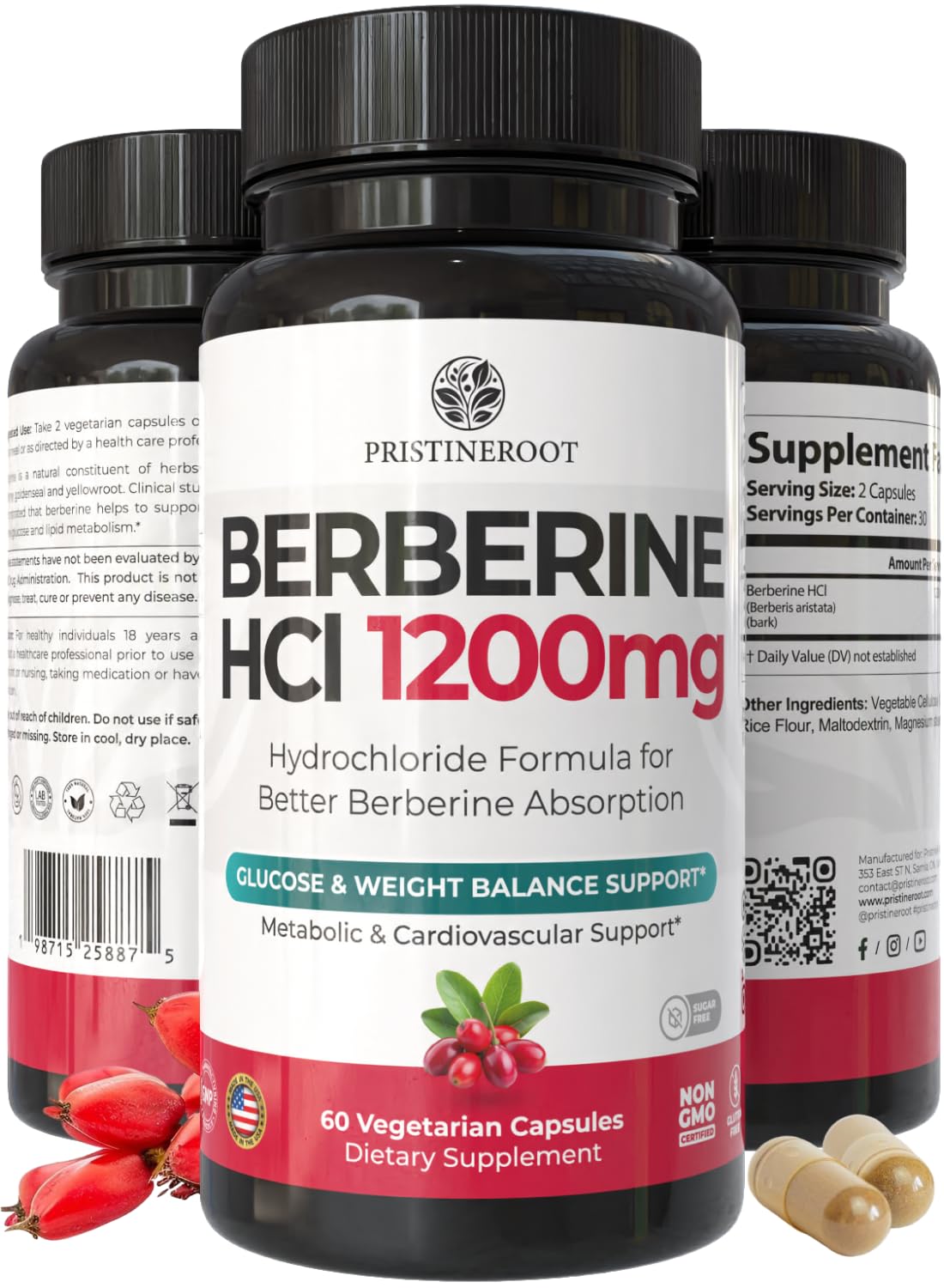 PristineRoot Berberine Supplement 1200mg front view