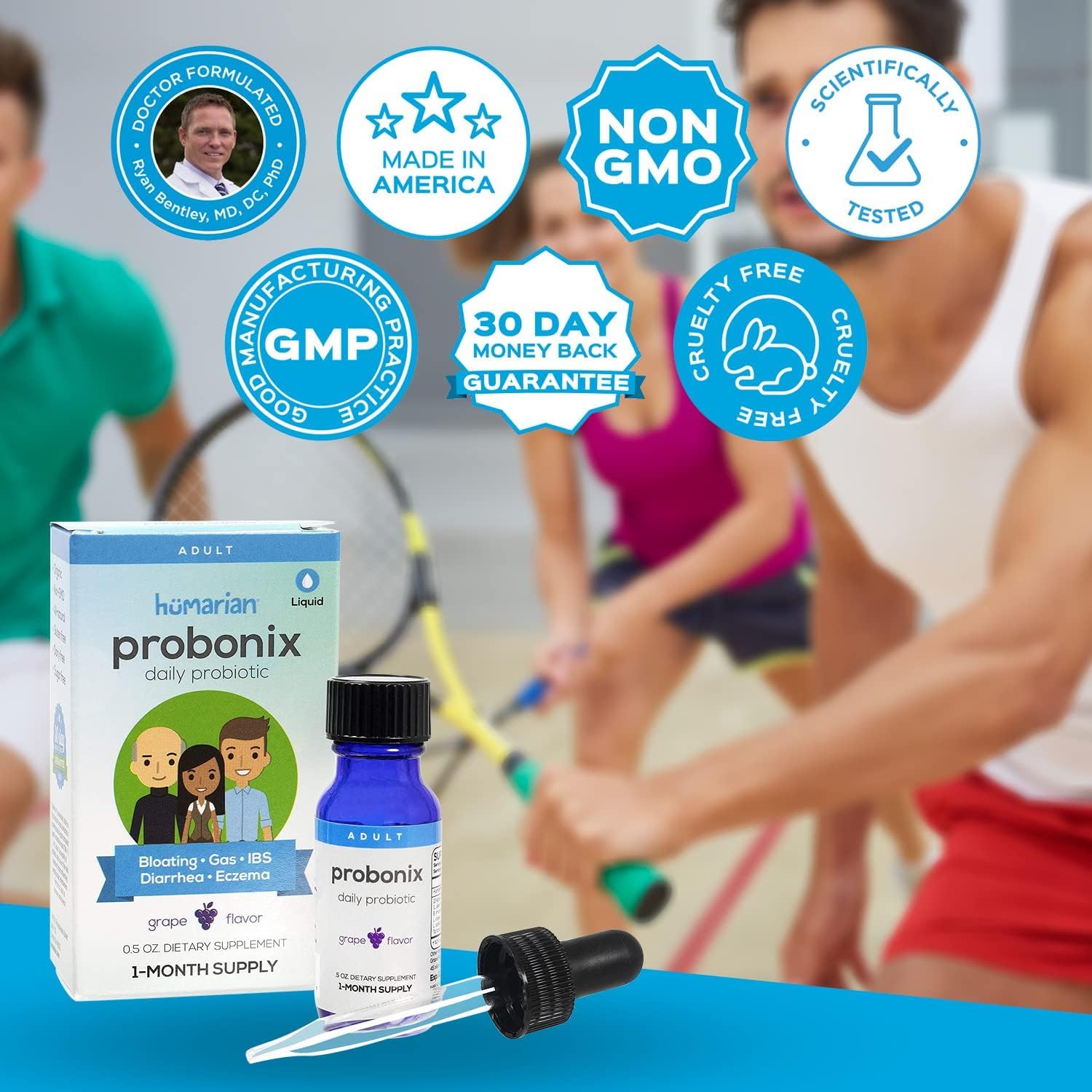 Probonix Probiotic Drops 50g bottle on a kitchen counter