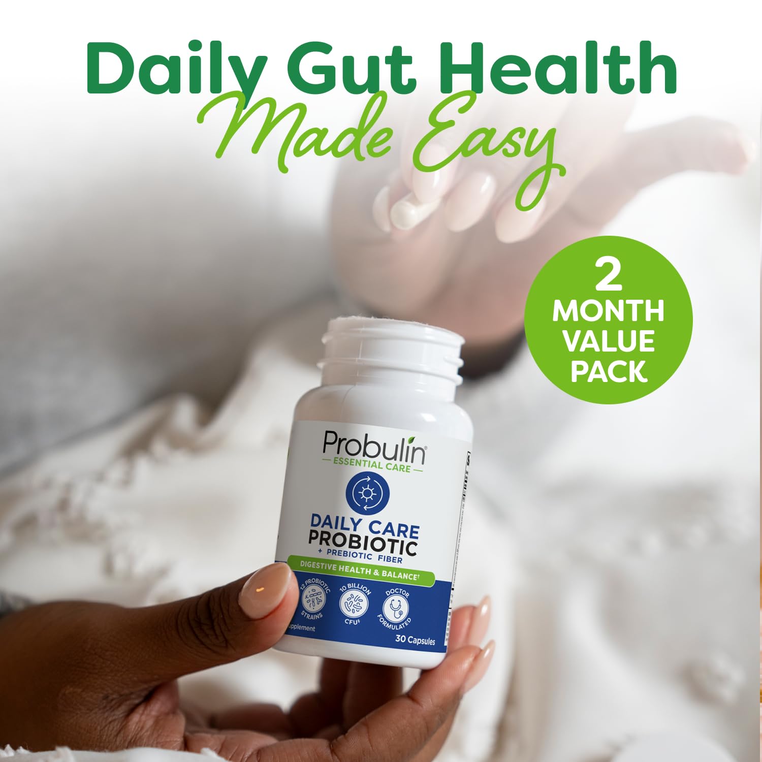 Probulin Daily Care Probiotic Capsules on a wooden table
