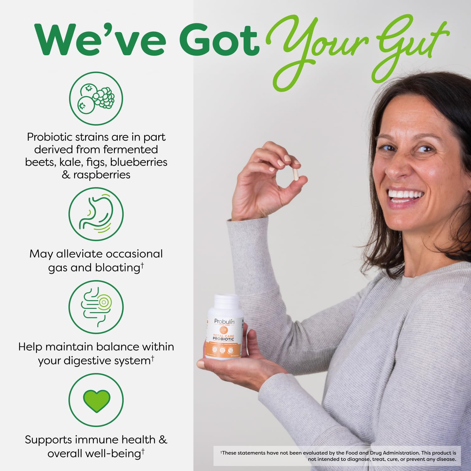 Probulin Total Care Probiotic Supplements bottle with a measuring spoon