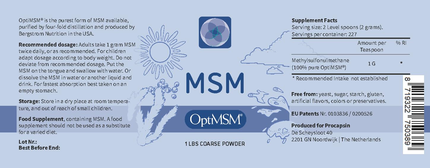 Procapsin OptiMSM 250g supplement side view with ingredient details