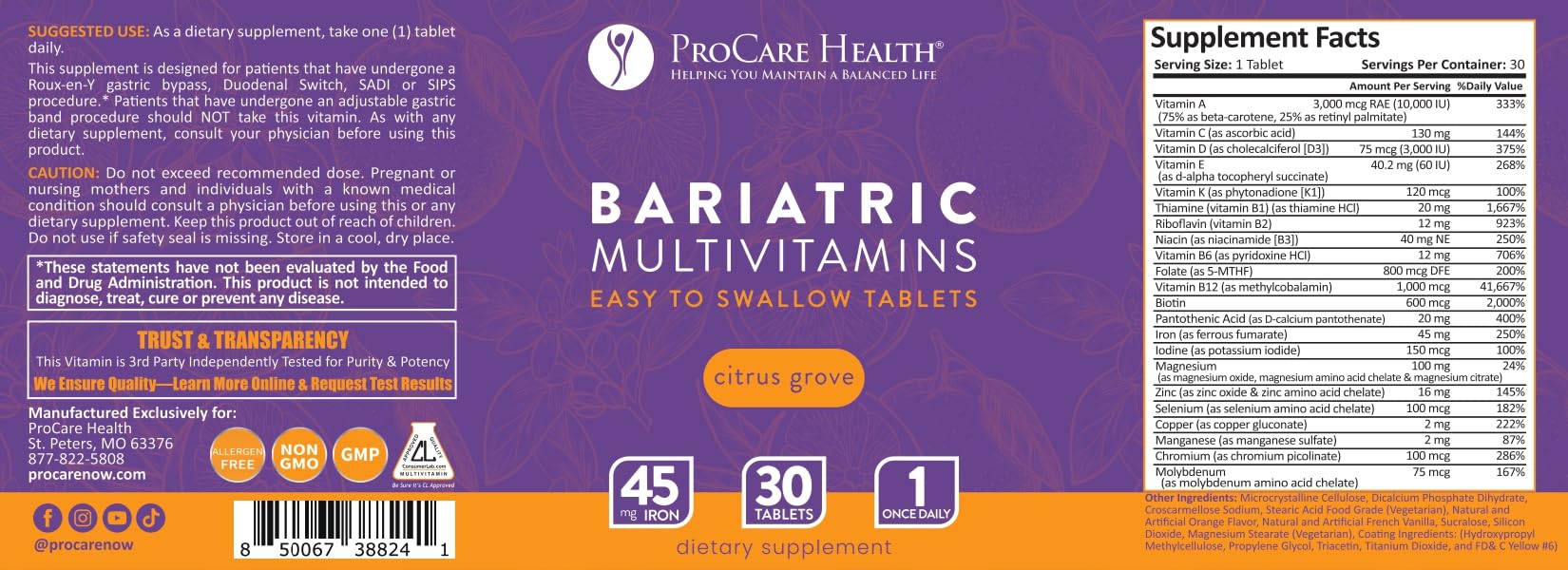 ProCare Health Bariatric Multivitamin 30 Tablets nutritional information