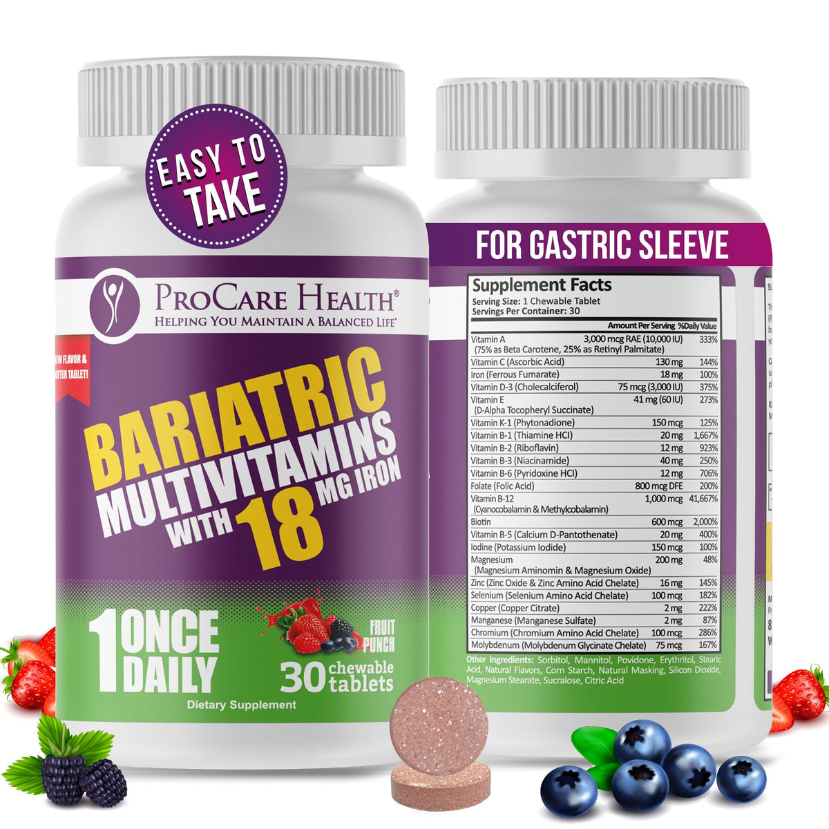 ProCare Health Bariatric Multivitamin Chewables front view, fruit punch flavour