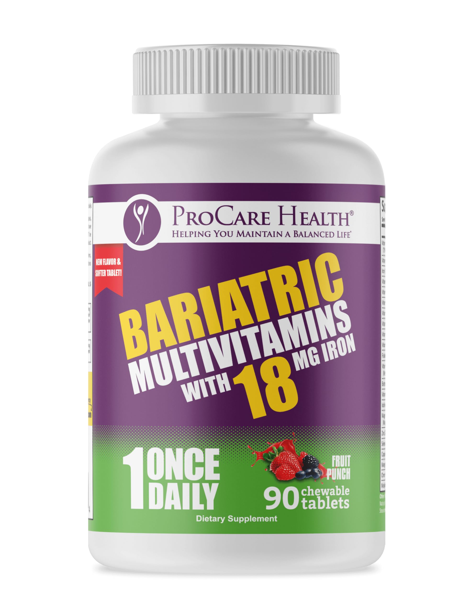 ProCare Health Bariatric Multivitamin Chewables with fresh fruit background
