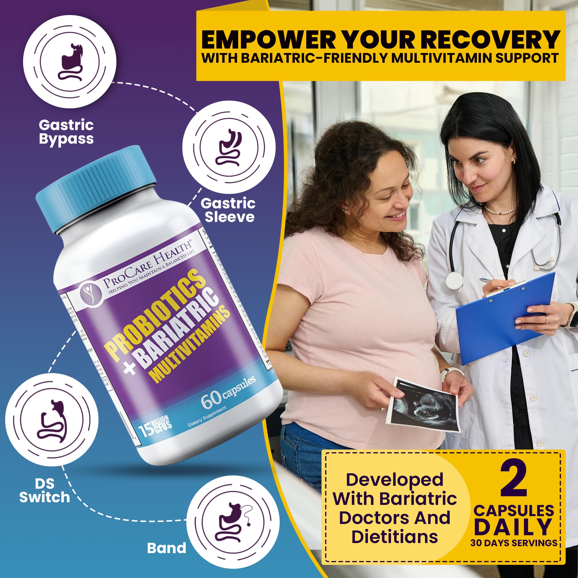 ProCare Health Bariatric Multivitamins capsules on a wooden surface