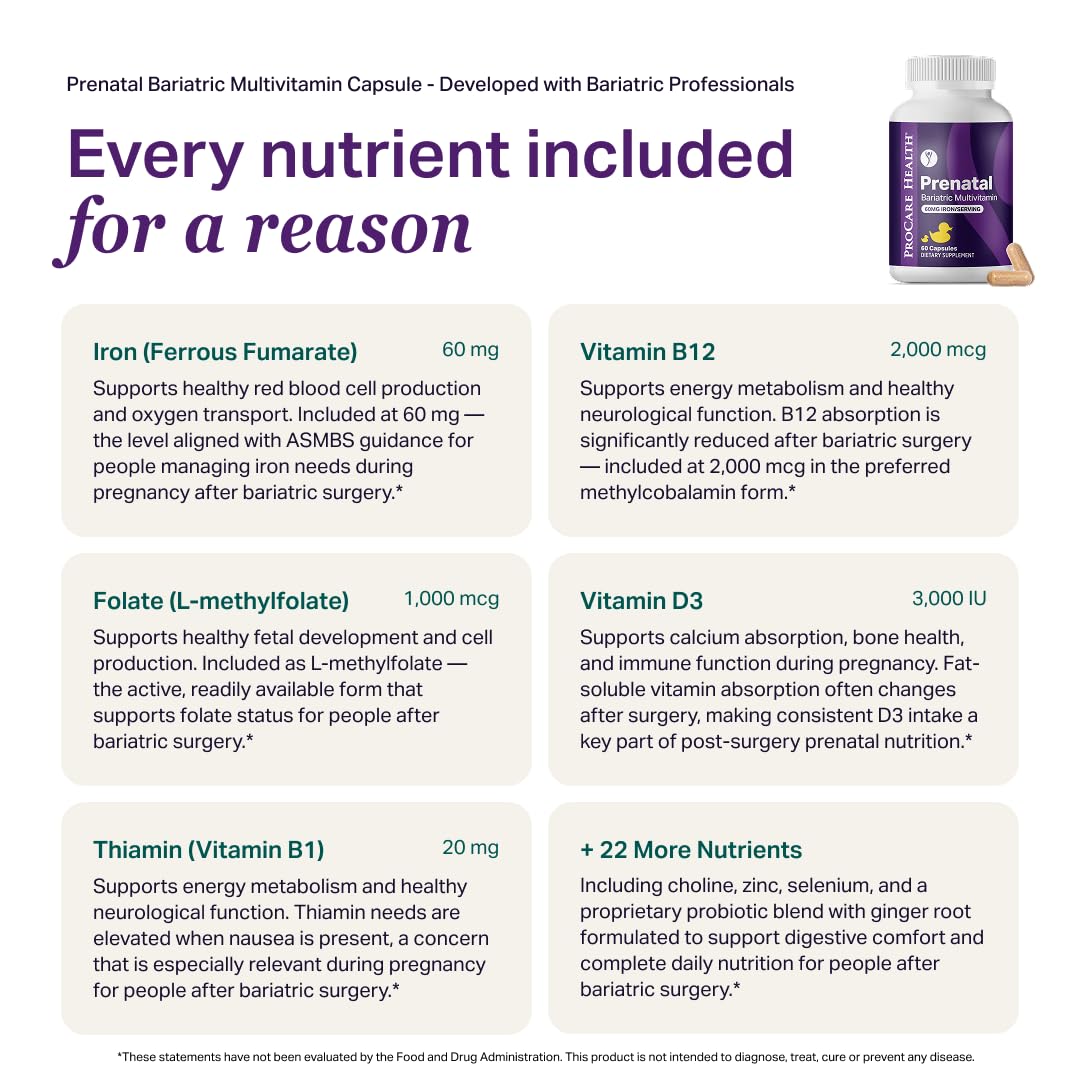 ProCare Health Bariatric Prenatal Multivitamin displayed on a wooden table