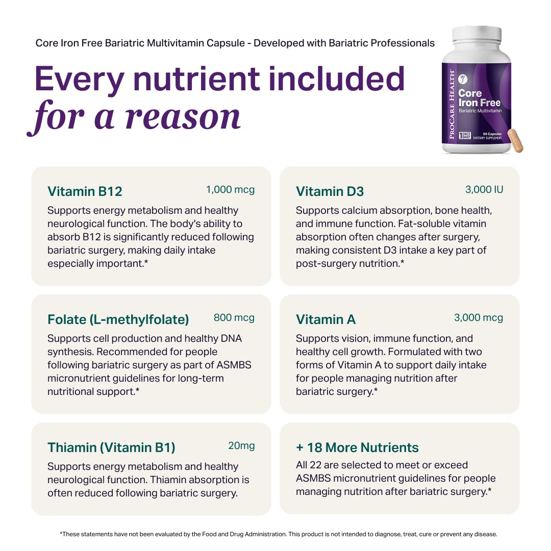 ProCare Health Iron-Free Multivitamin capsules on a wooden table