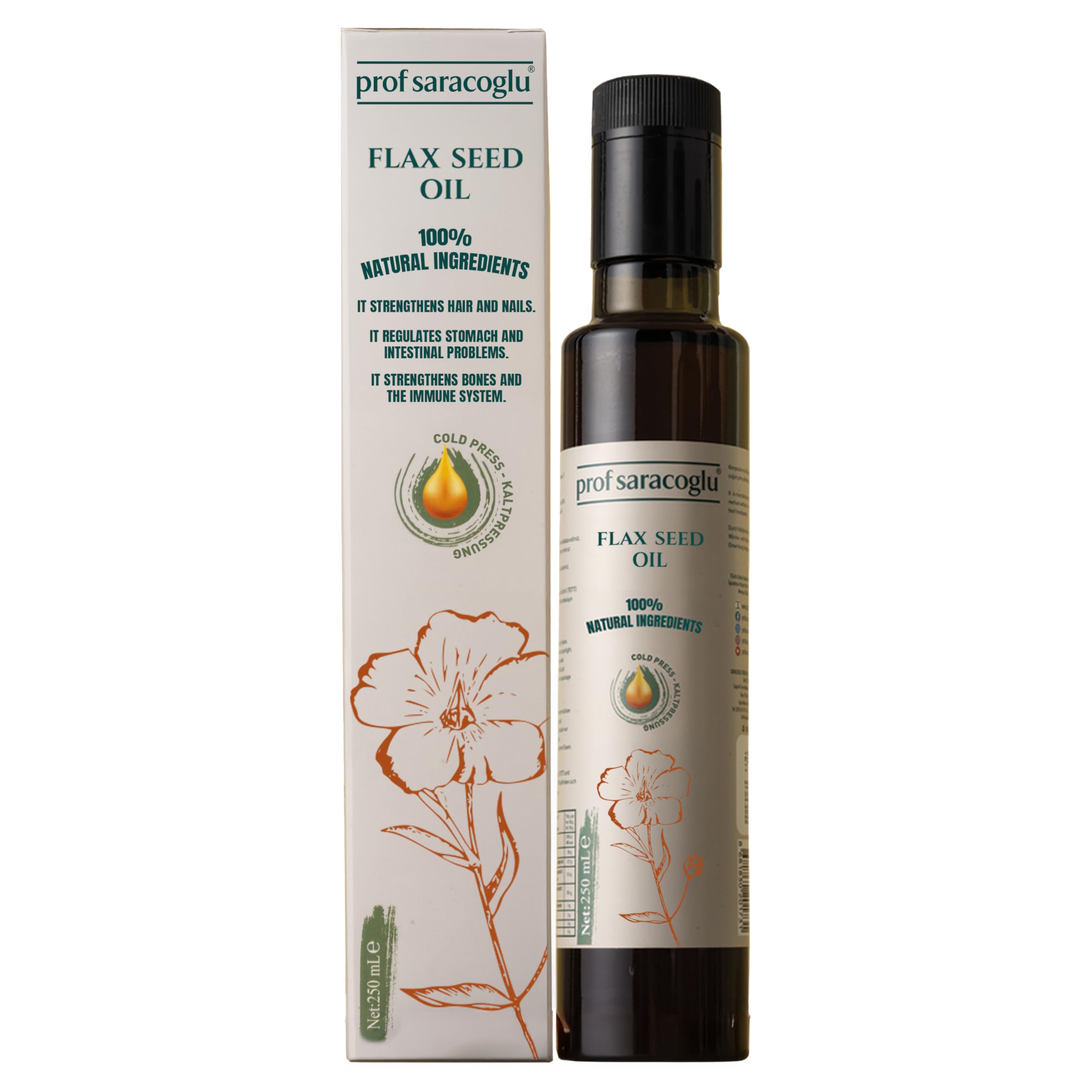 Prof Saracoglu Flaxseed Oil 250g amber glass bottle front view