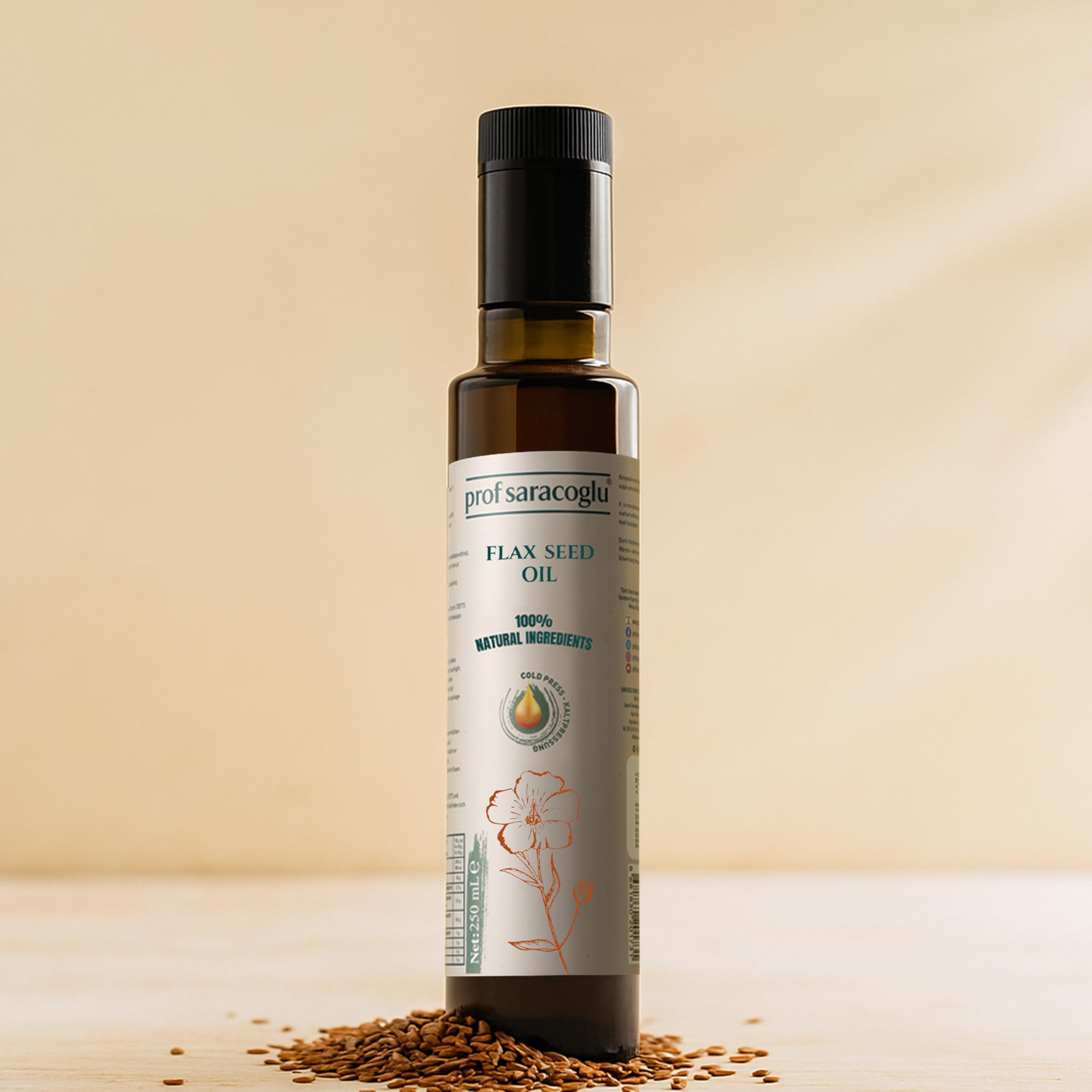 Prof Saracoglu Flaxseed Oil 250g with a measuring spoon
