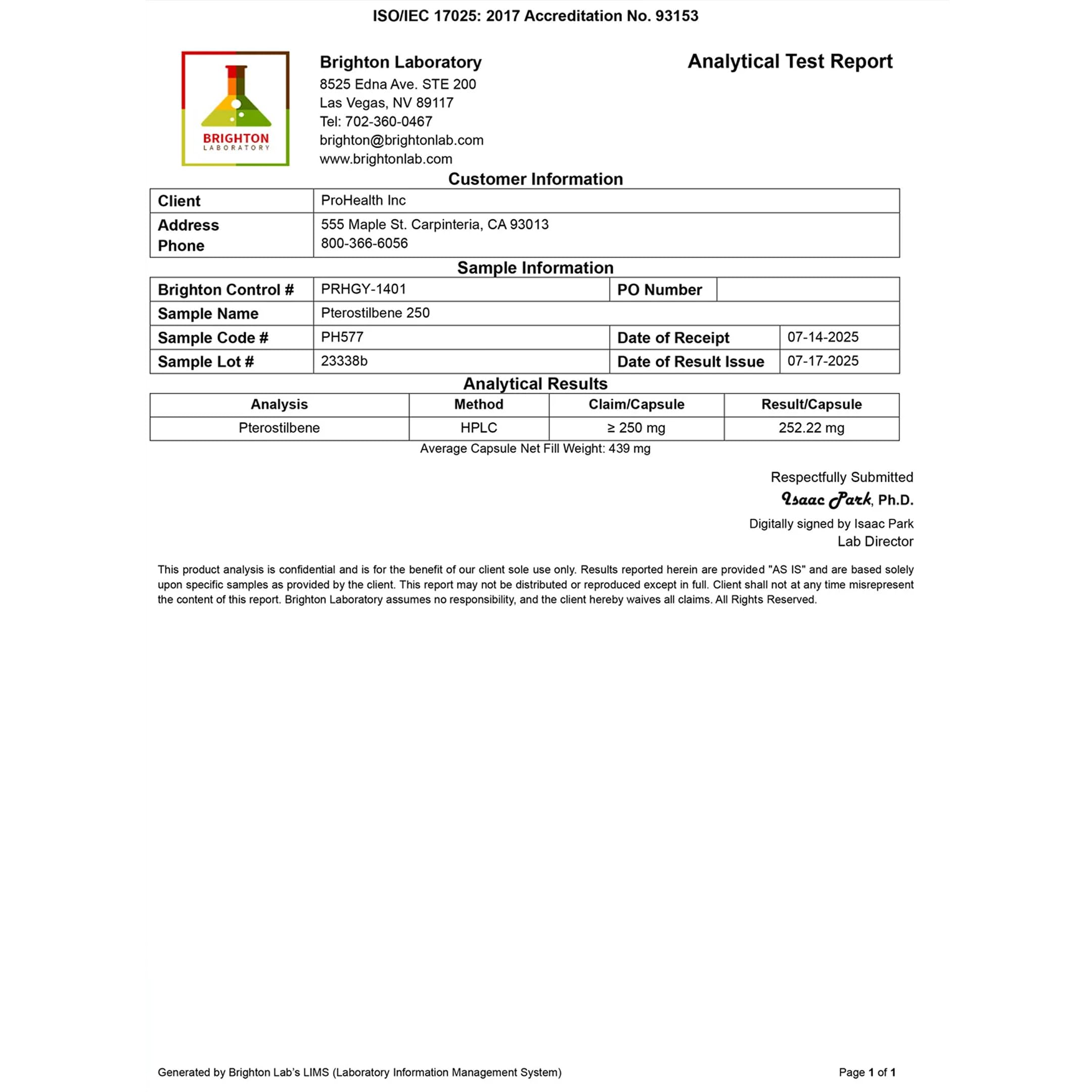 ProHealth Pterostilbene 250mg Capsules nutritional information