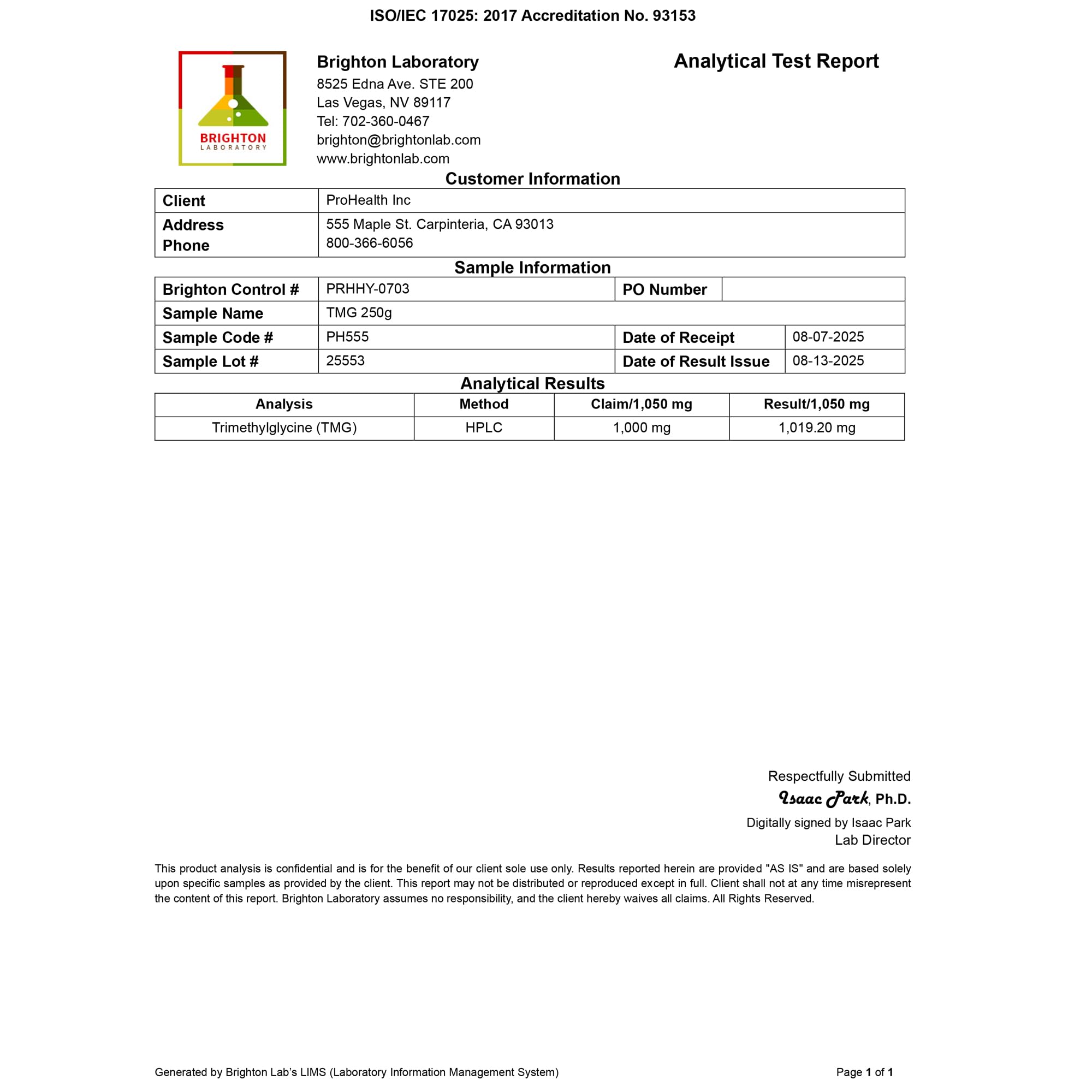 ProHealth TMG Powder 1000mg scoop showing powder