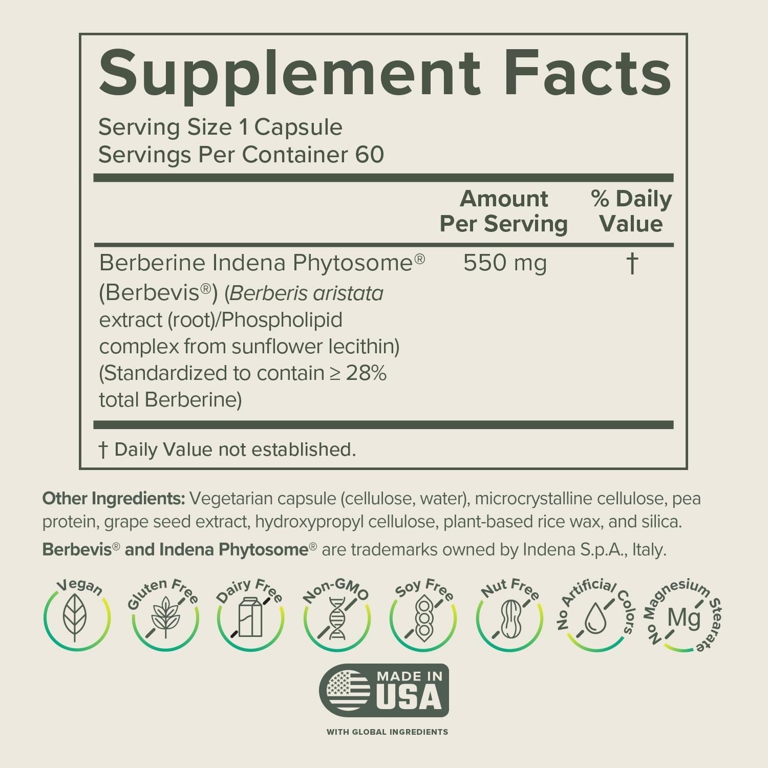 Prominent Nutrition Berberine Phytosome Supplement 550mg side view