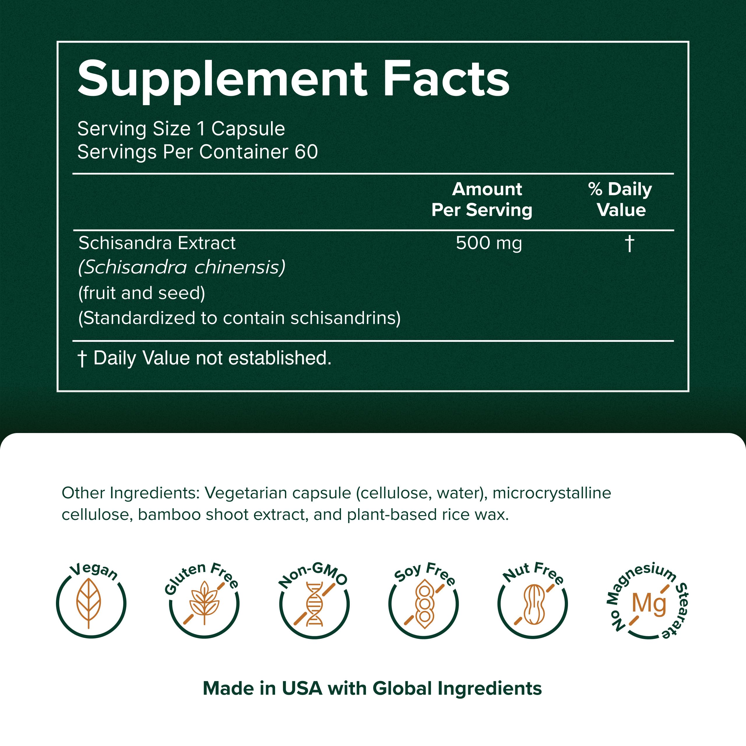 Prominent Nutrition Daily Schisandra Supplement 500mg back view with ingredients